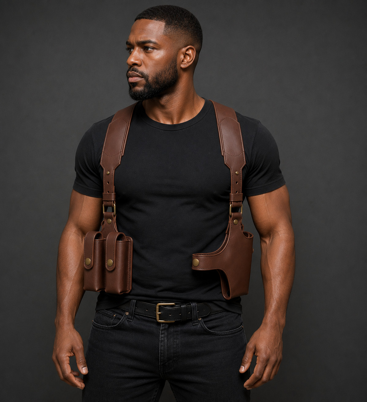 Genuine Leather Shoulder Holster Harness Magazine Pouch Adjustable Chest Rig
