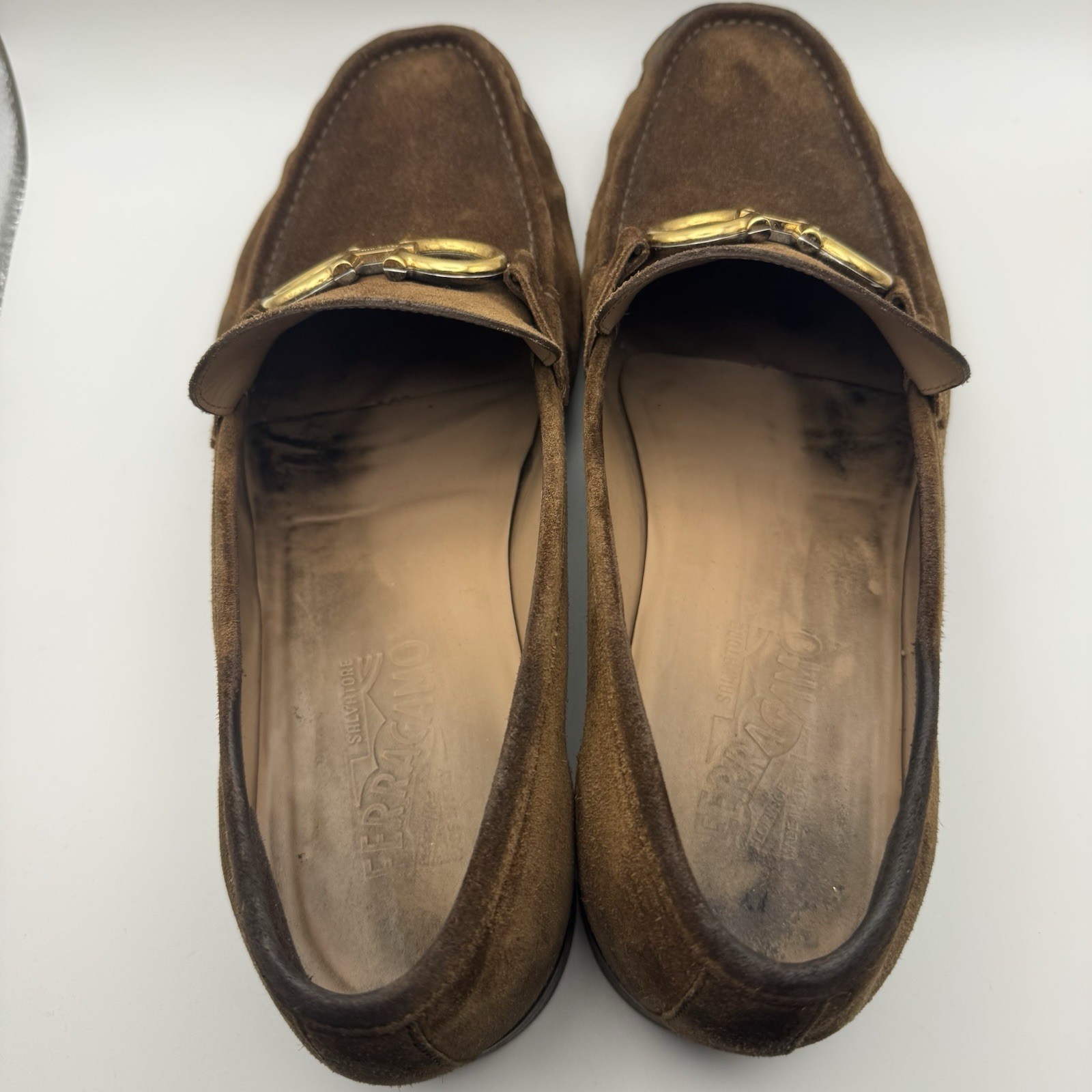 Salvatore Ferragamo Rolo Gancini Loafers Brown Calf Leather Suede 12 EEE Italy