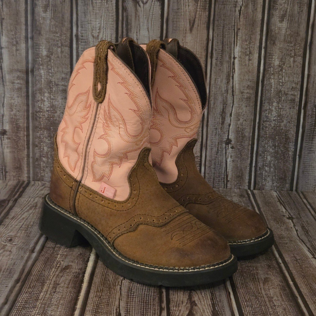Sz 6 B Womens Justin Gypsy L9901 Brown Pink Leather Western Cowgirl Boots VGUC