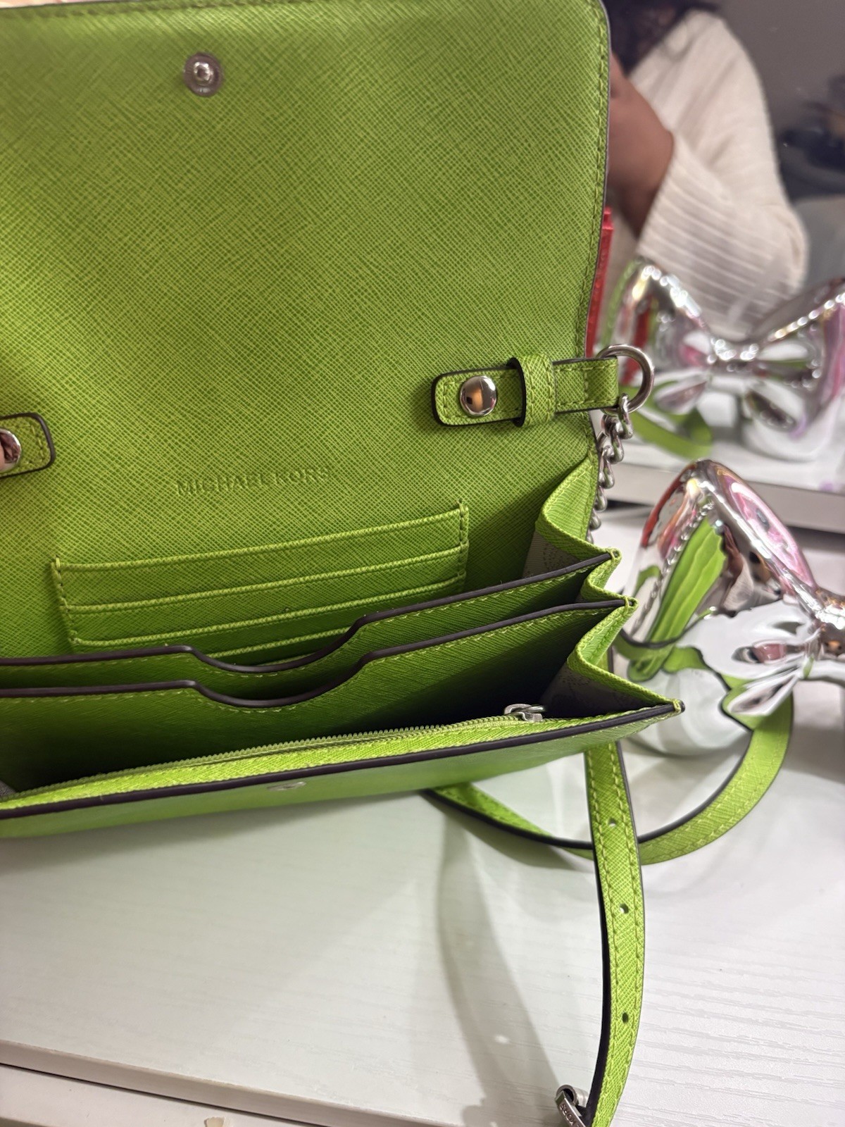 Michael Kors Green Small Crossbody Bag Snap Closure Chain Strap Silver Hardware
