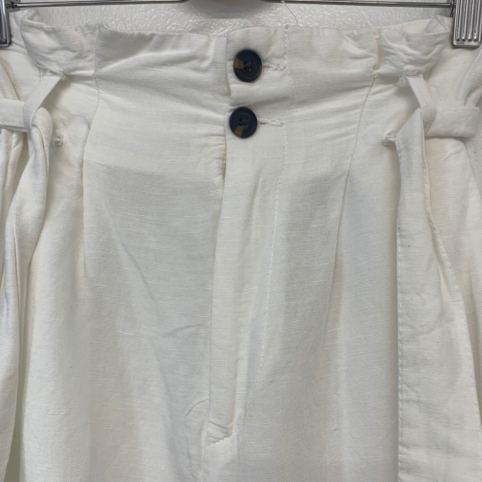 H&M White Linen Blend Paperbag High Rise Tie Belt Tapered Pants Size 4 Pockets
