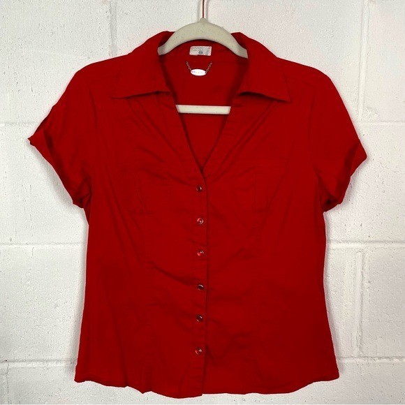 Ali & Kris Red Y2K Top Snap Front Collar Deep V-Neck Fitted Preppy Retro M
