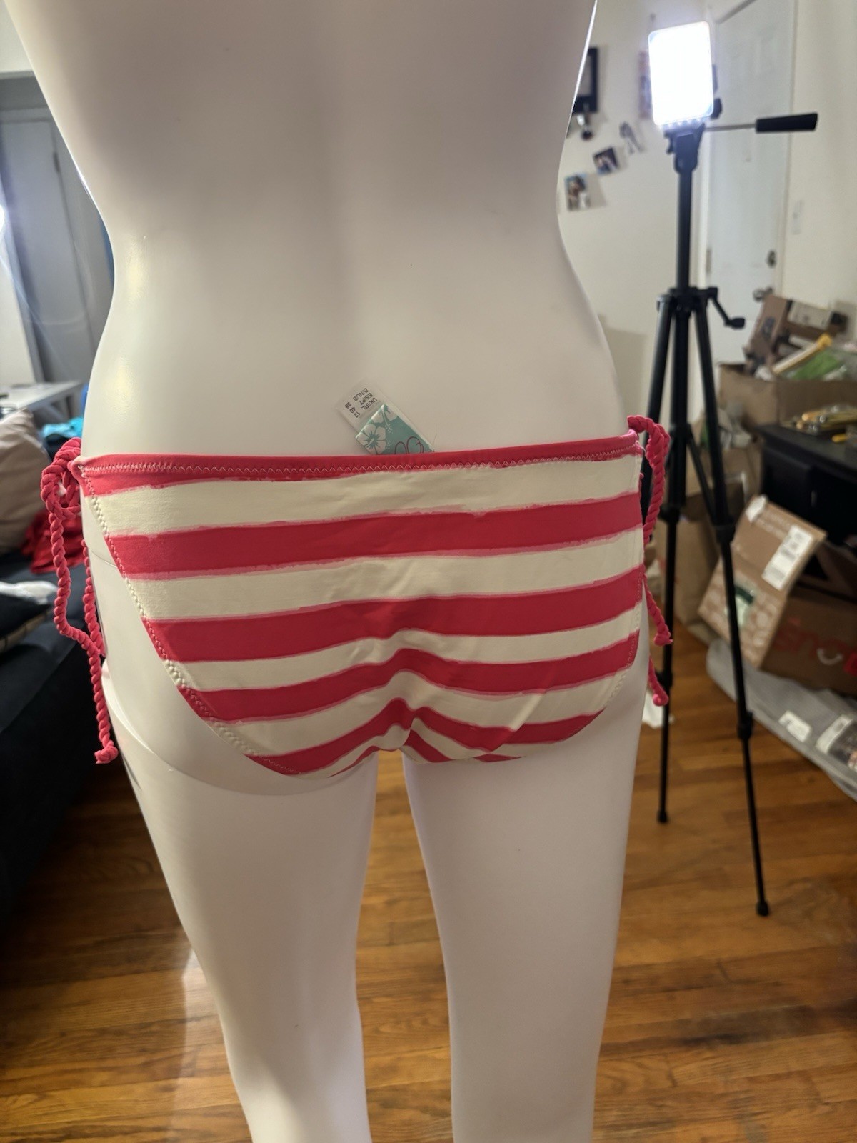 Women’s Pink/White Striped Tie-Side Bikini Swimsuit Bottom Size M