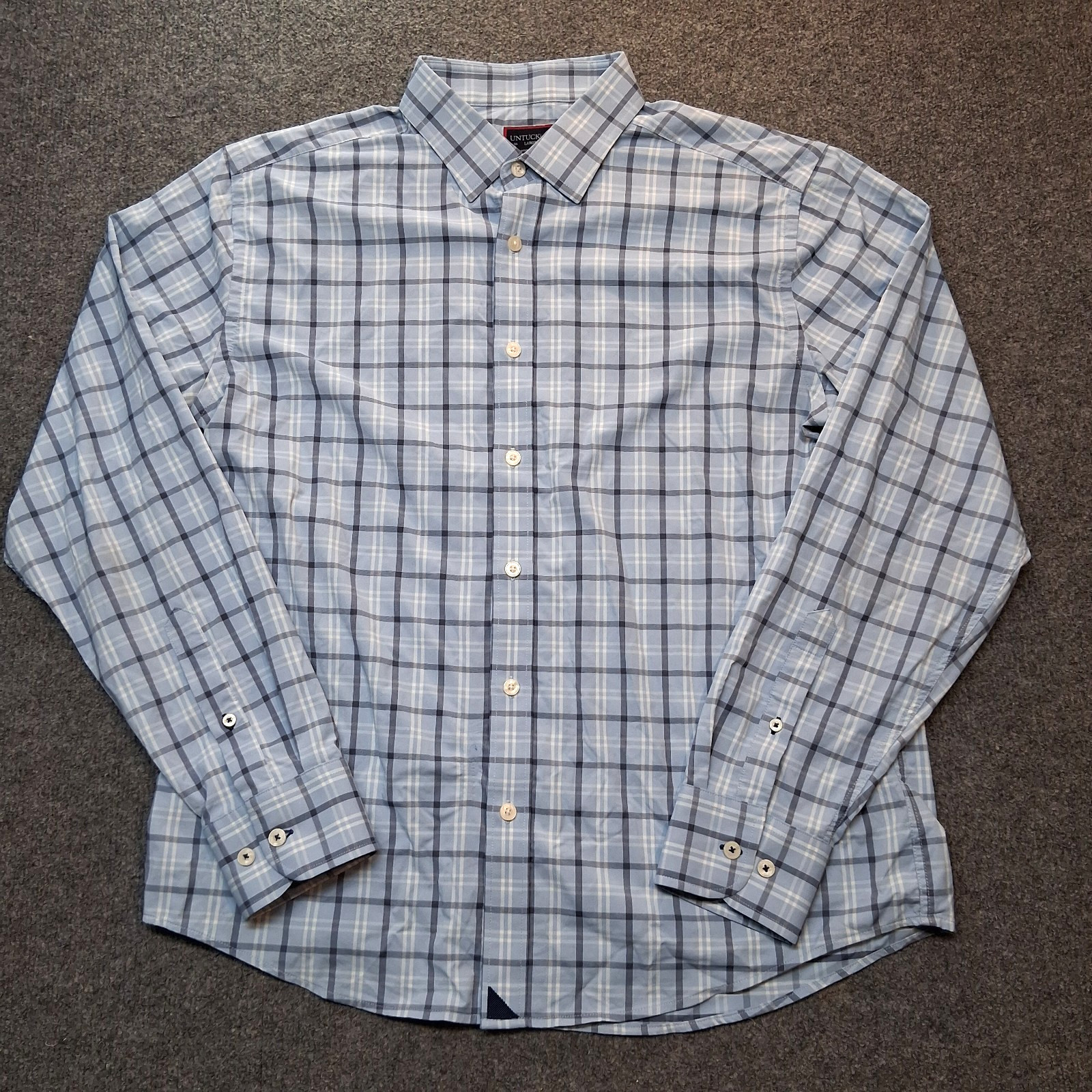 untuckit button down shirt mens large plaid blue torgiano nylon elastane !FLAW!