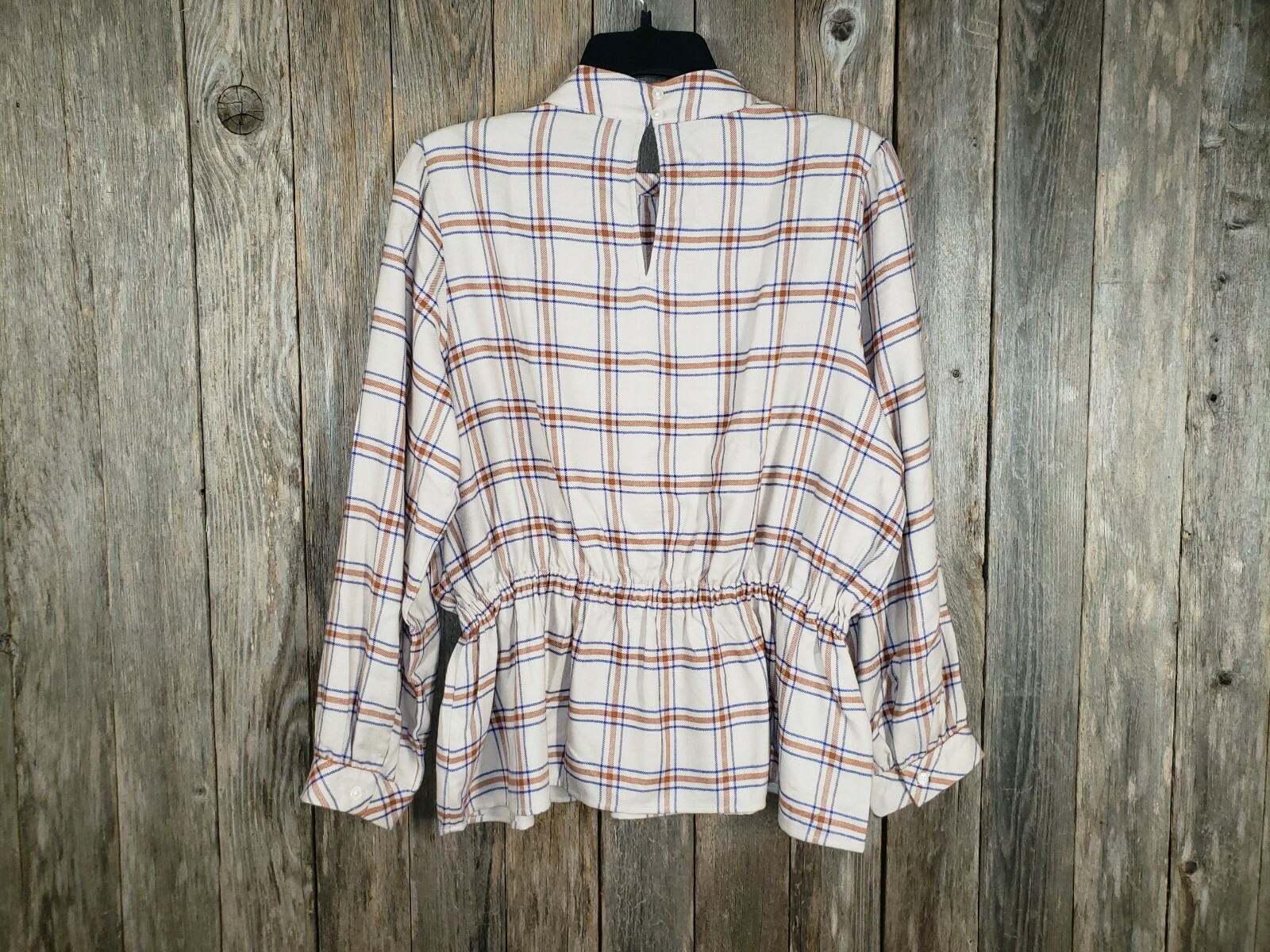 NEW Ann Taylor LP Top Beige Cream Plaid Cinched Peplum Cottage Office Siren