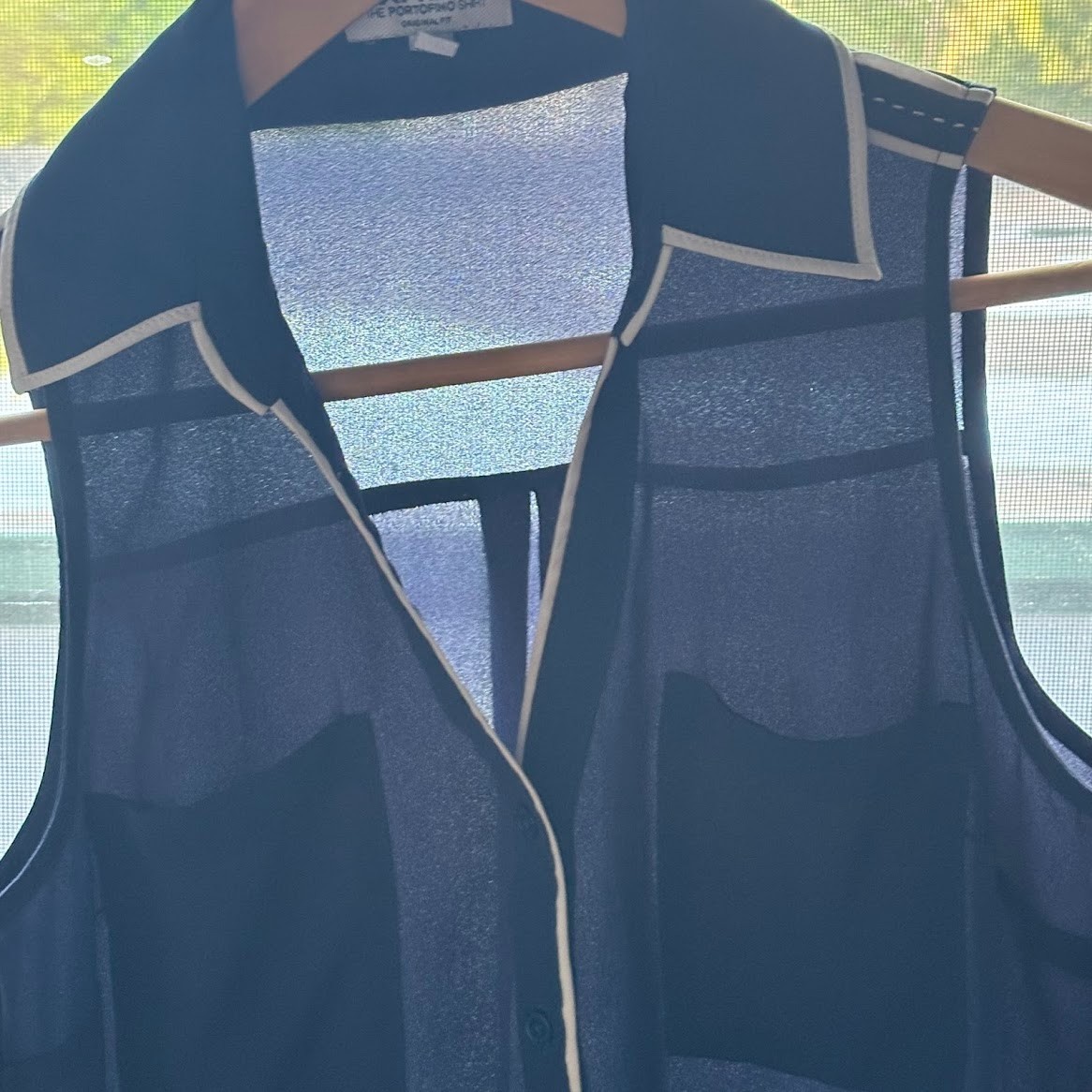 EXPRESS Portofino Sleeveless Top XS Sheer Navy Blue Relaxed Nautical Coastal EUC