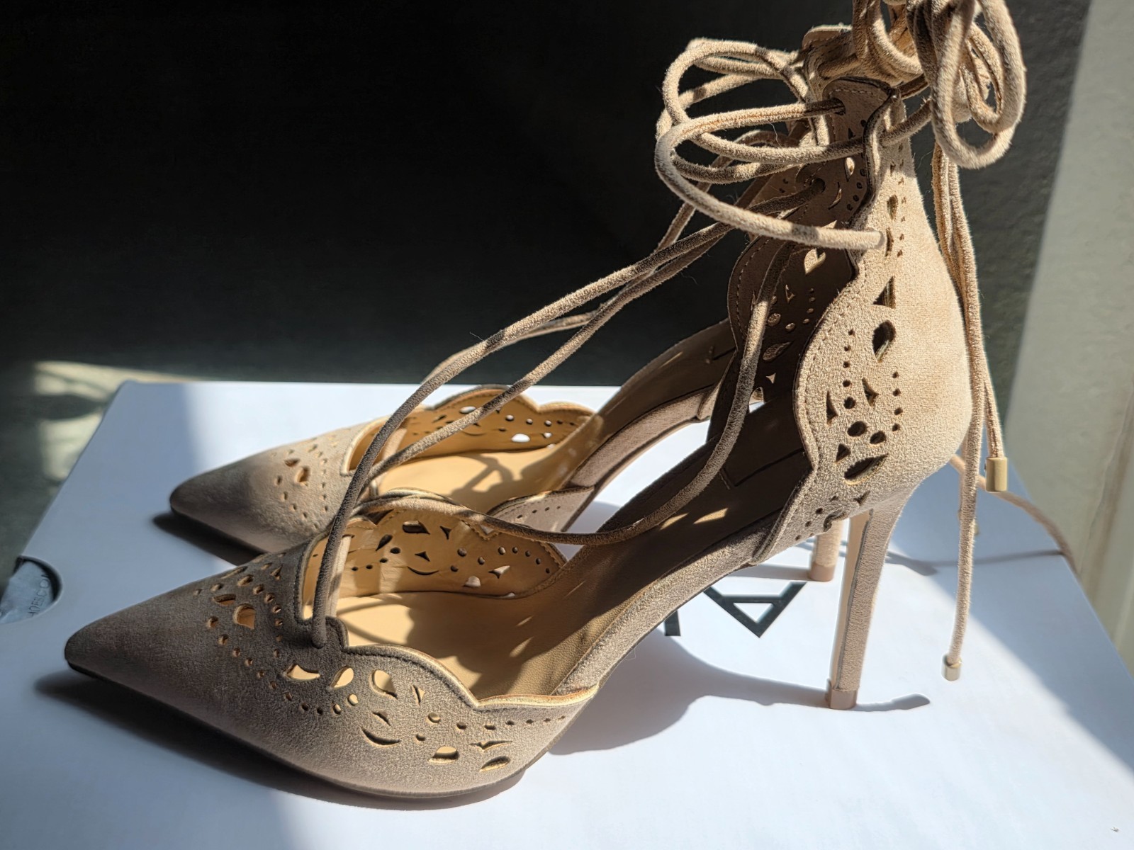 ALDO Antoinette Size 6 Nude Beige Suede Lace Up Stiletto Heels Pumps Never Worn