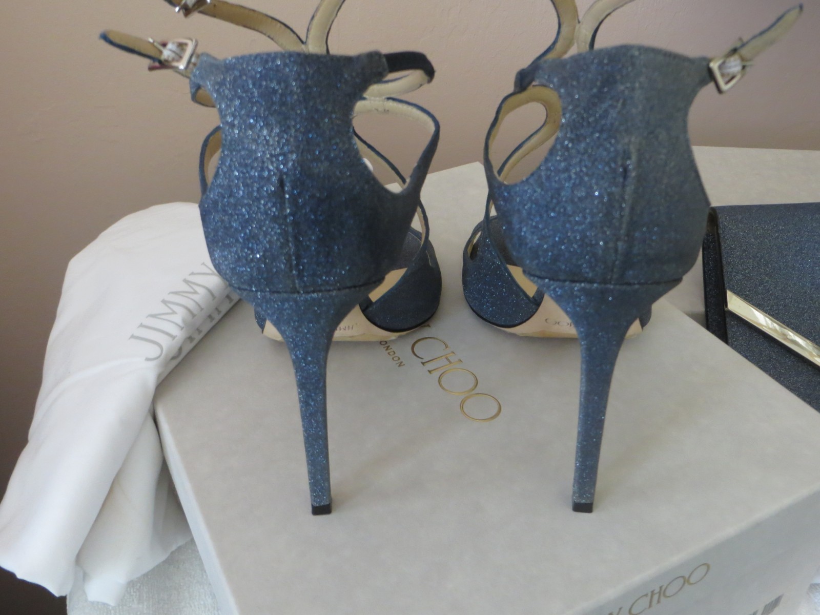 Pre-Owned Jimmy Choo Blue Fine Glitter Strappy Lang Sandal Heels 39M