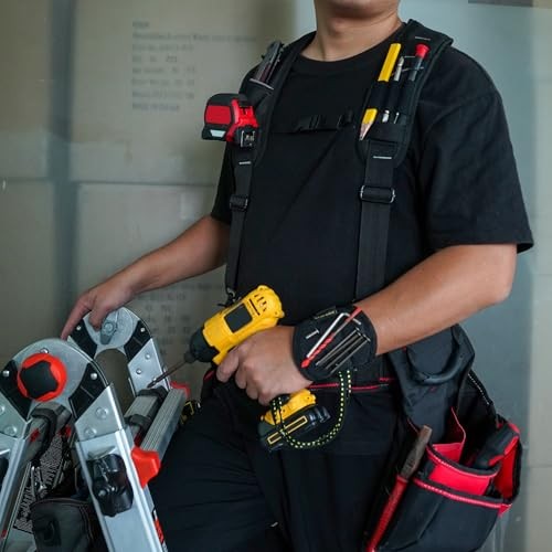 Tool Belt Suspenders for Men with Magnetic Wristband,Heavy Duty Work SW00A-BLK