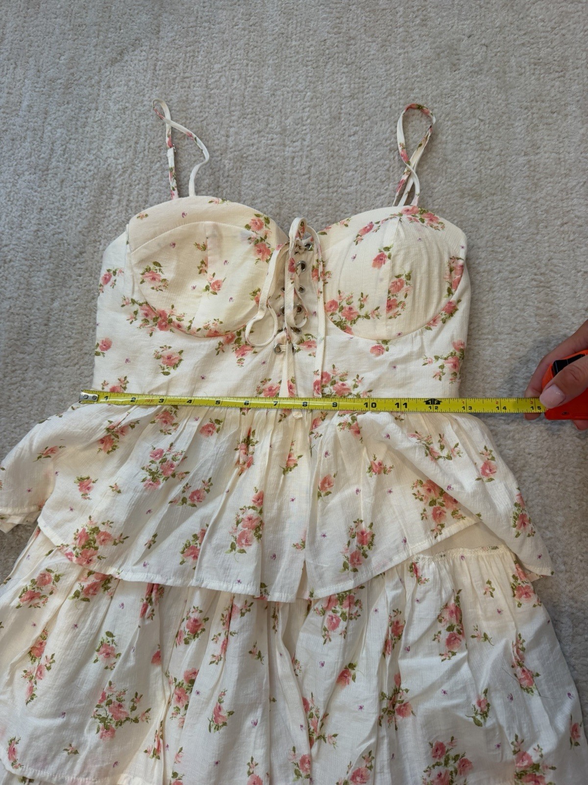 Altar’d State Ivory Pink Green Floral Sweetheart Smocked Lace-Up Mini Dress S