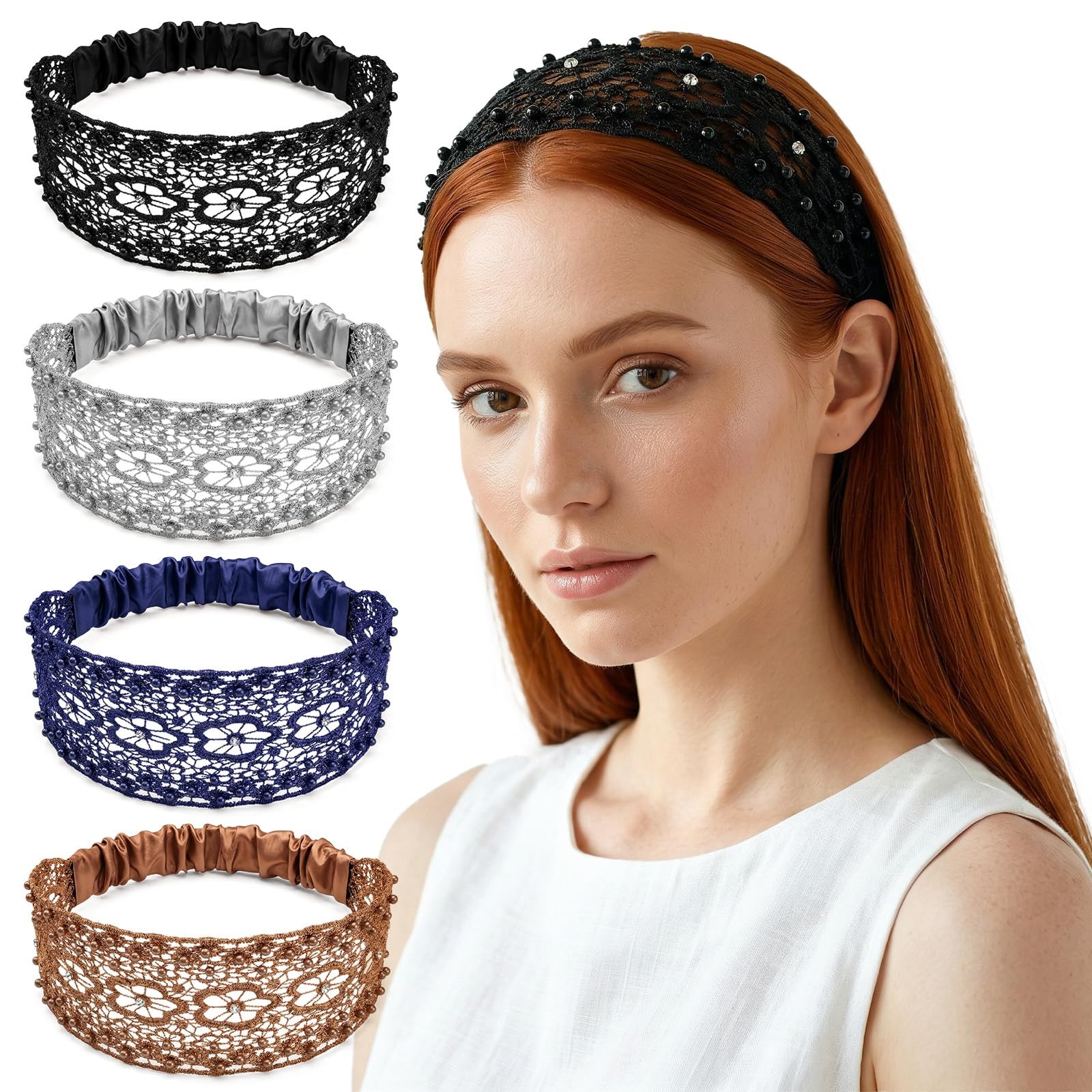 4Pcs Wide Lace Boho Headbands for Women, Crochet Extra Wide Headband Stretch Tri