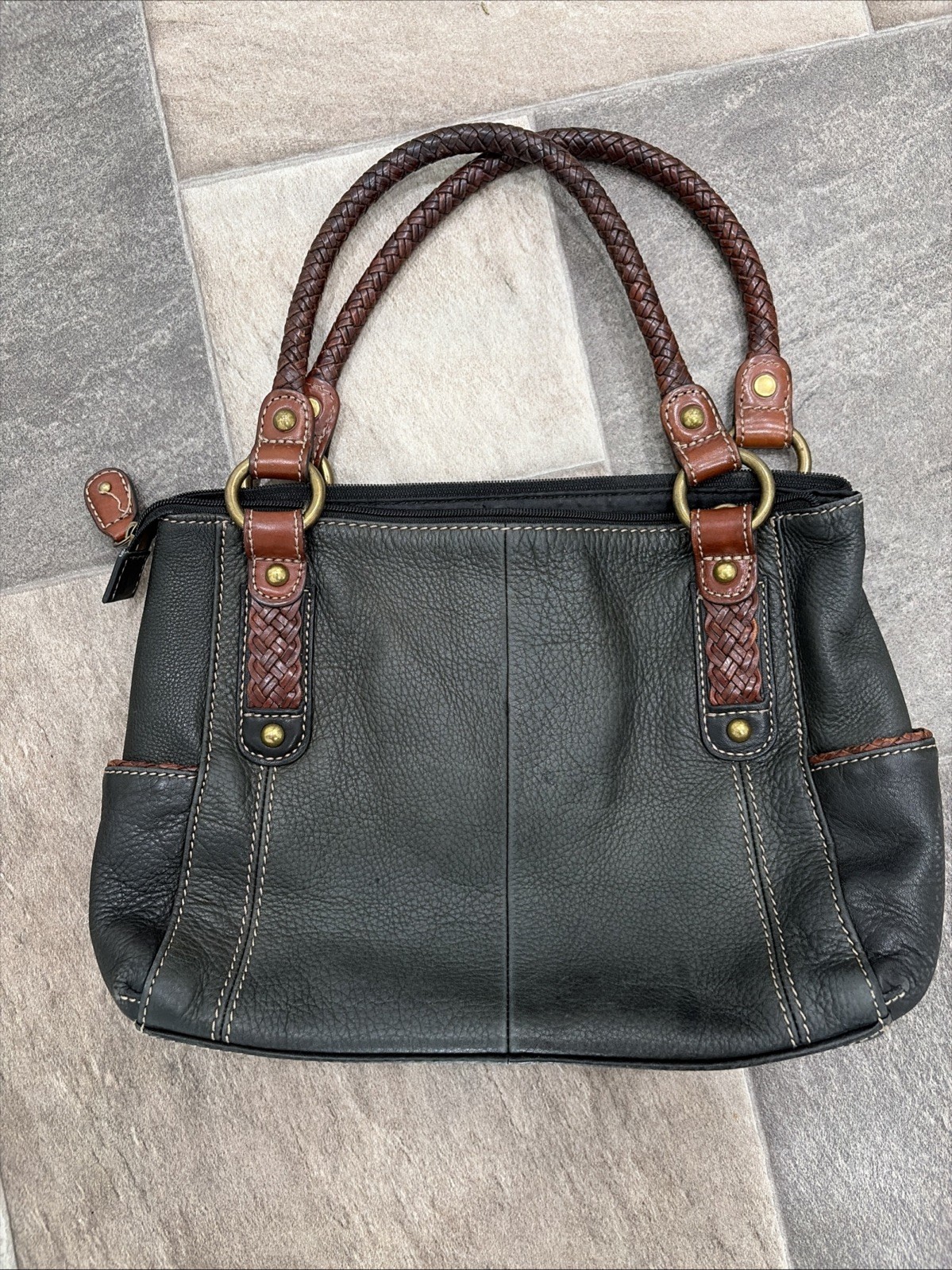 Fossil Black Leather Shoulder Bag Purse Brown Straps Gold Hardware