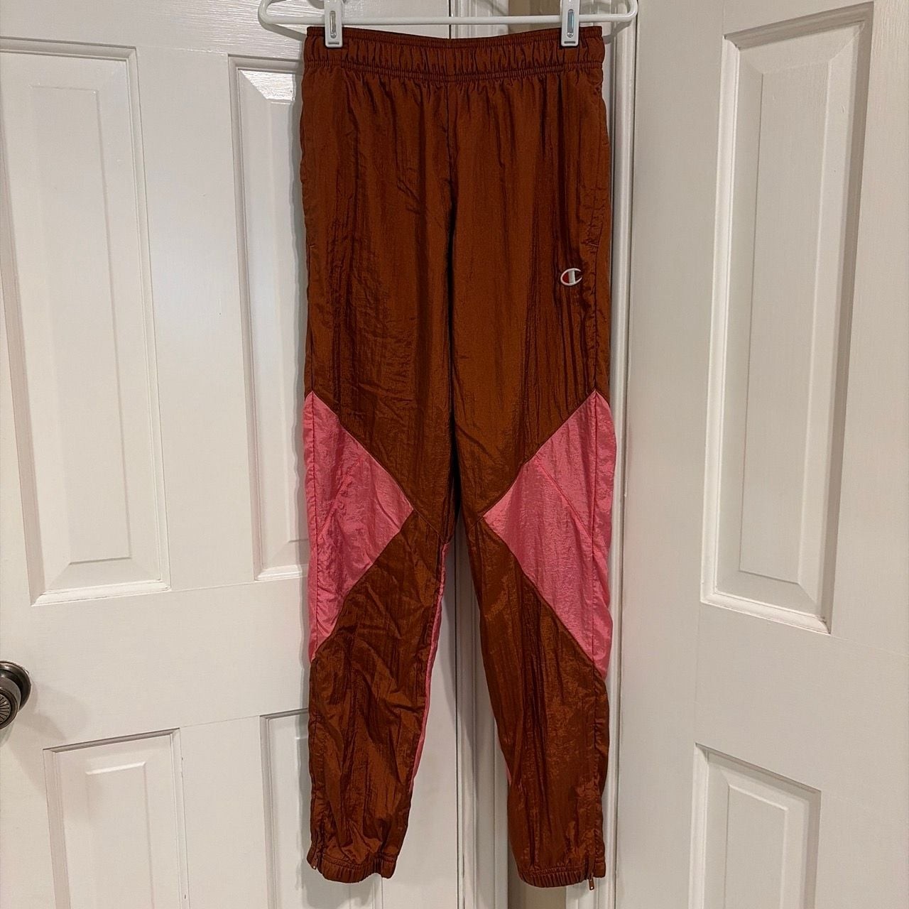 Champion Color Block Windbreaker Track Pants in Rust Brown and Pink
