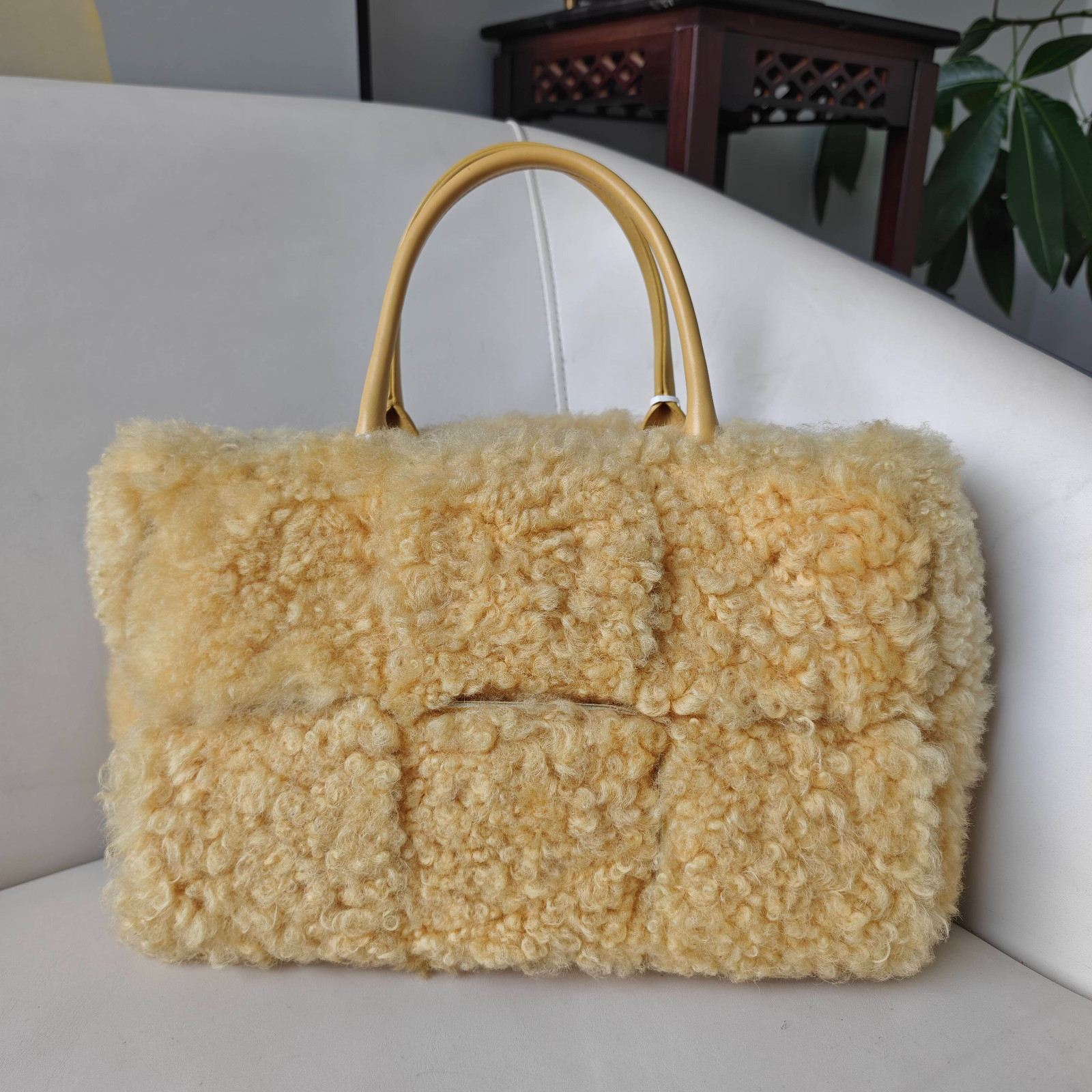 Authentic Bottega Veneta Plush Tote Bag Shearling and Leather Tote Bag Yellow