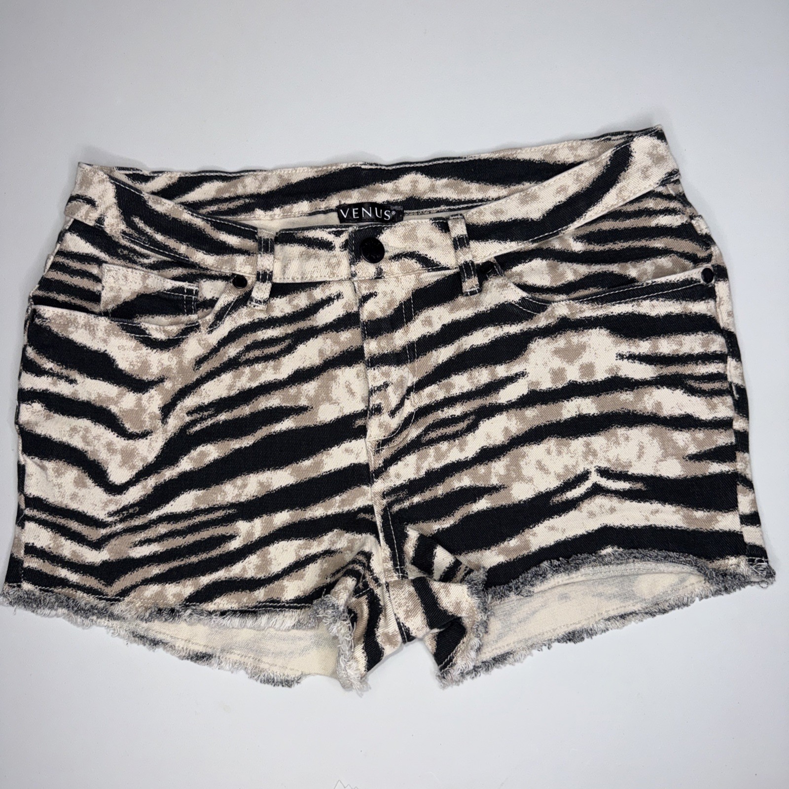 Venus Zebra Print Denim Shorts Womens Black Cream High Rise Trendy SZ M