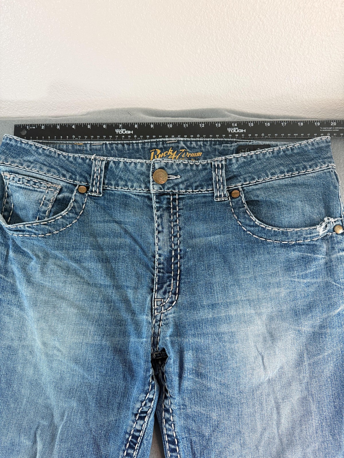 Wrangler Rock 47 Denim Jeans Mens 38×36 Light Wash Blue Slim Bootcut Distressed