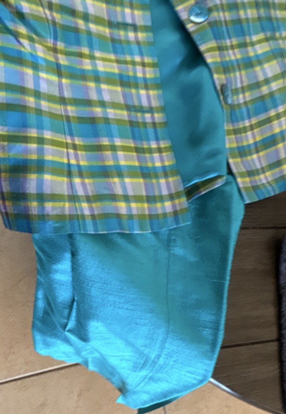 Maggy London 100% Silk Plaid Top & Skirt 2 Piece Set Size 4 Turquoise Yellow