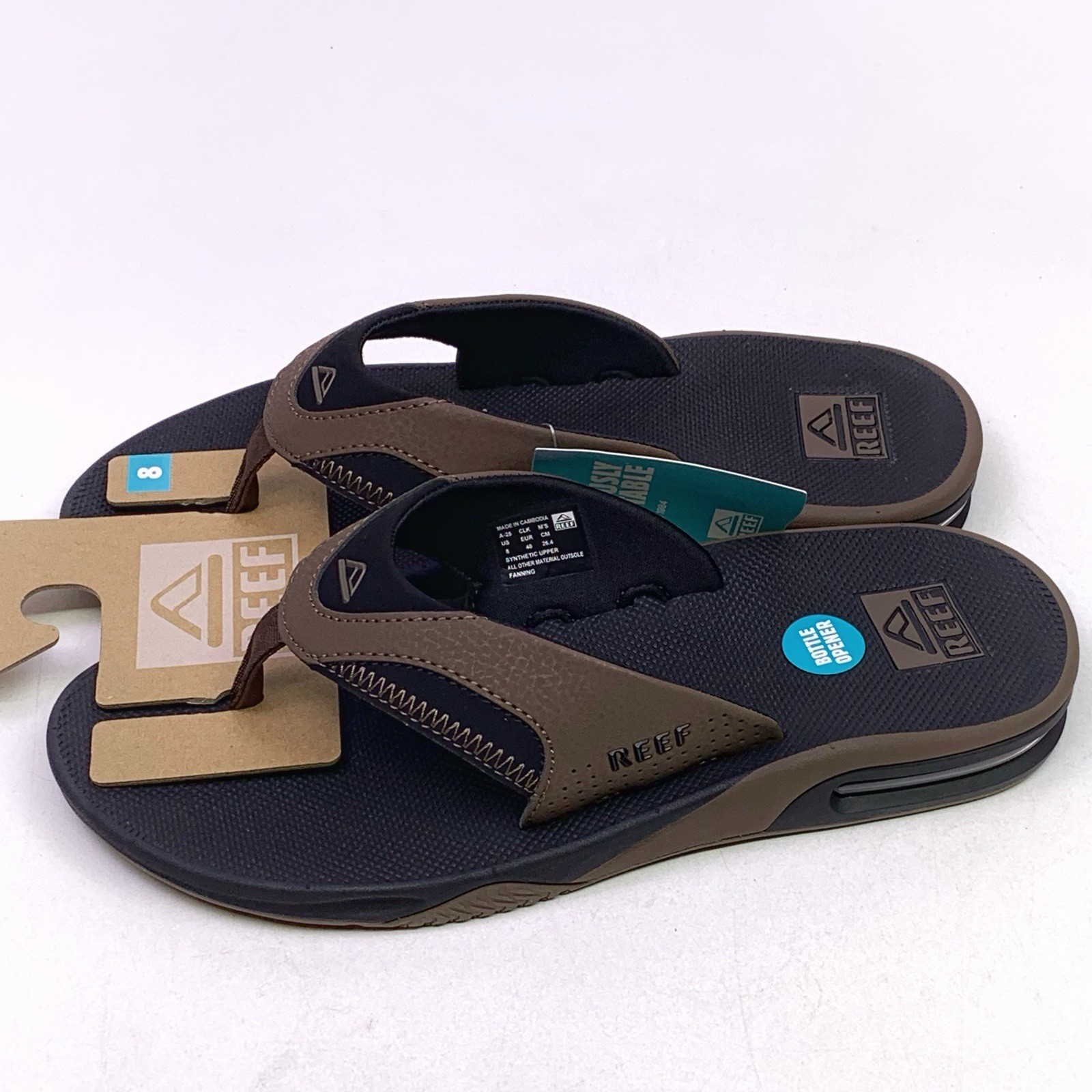 REEF Fanning Flip-Flop Sandals & Sole Bottle Opener Black/Tan Men’s Size 8 NEW