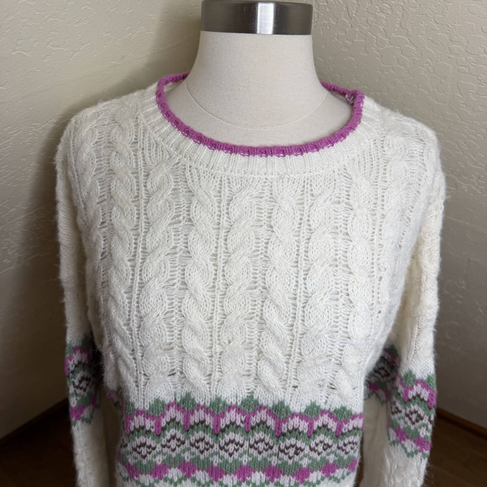 Sugar Moon Cable Knit Sweater L Ivory Pink Fair Isle Cozy Grandma Cottagecore