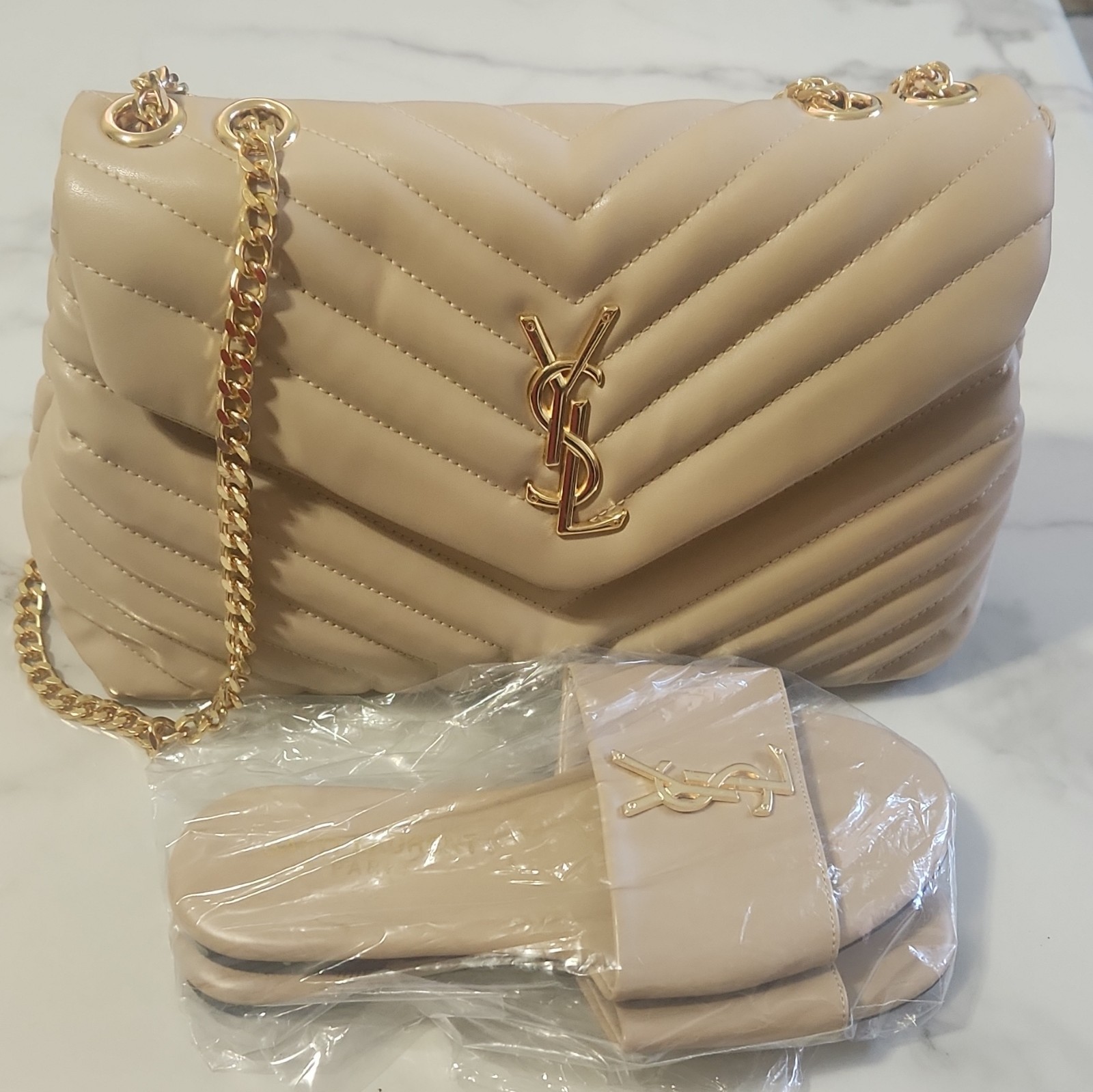 Saint Laurent Beige Quilted Chevron Medium Shoulder Bag Gold Chain Strap YSL