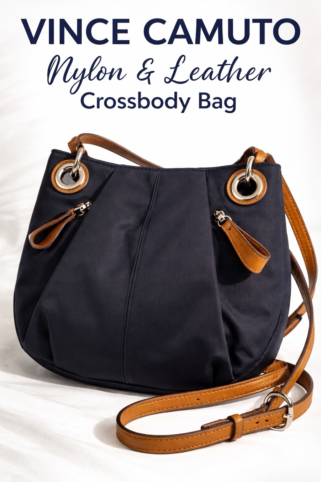 Vince Camuto Crossbody Bag Blue Nylon Leather Trim Silver Hardware Adjustable