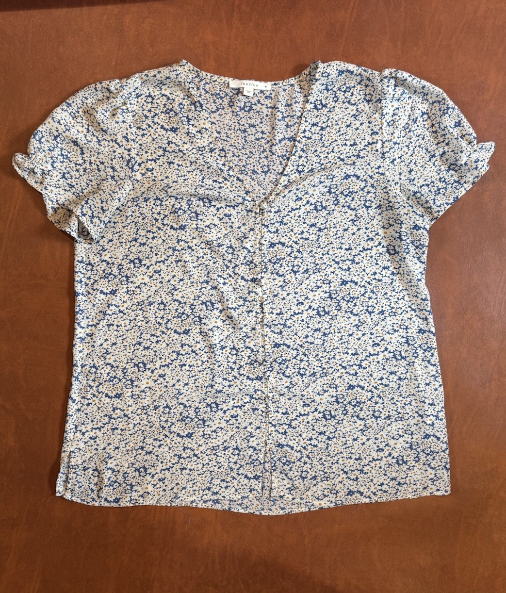 Women’s Floral Chiffon Blouse Top White Blue Brown V-Neck Flutter Short Sleeve M