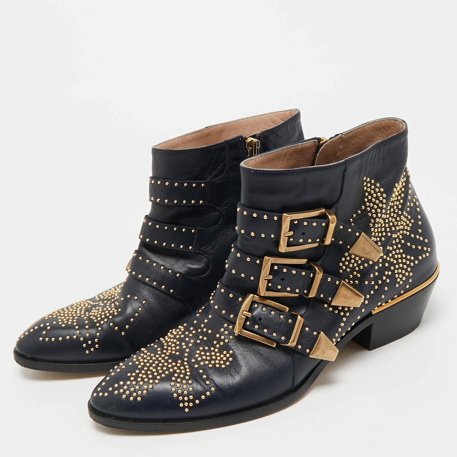 Chloe Susanna Studded Size 38 Navy Blue Leather Ankle Boots
