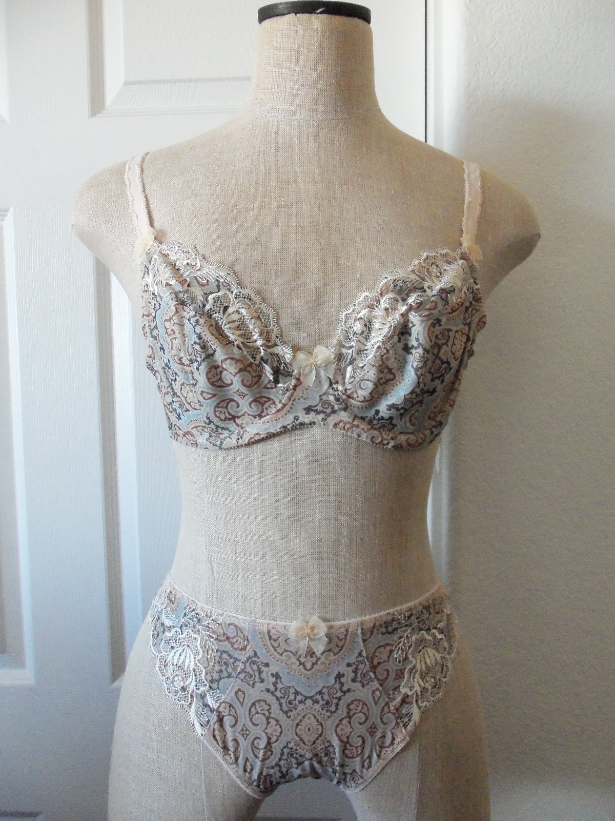 Fantasie KASBAH Caramel Blue Beige Print 6712 UW Plunge Bra 32D & 6772 Thong S