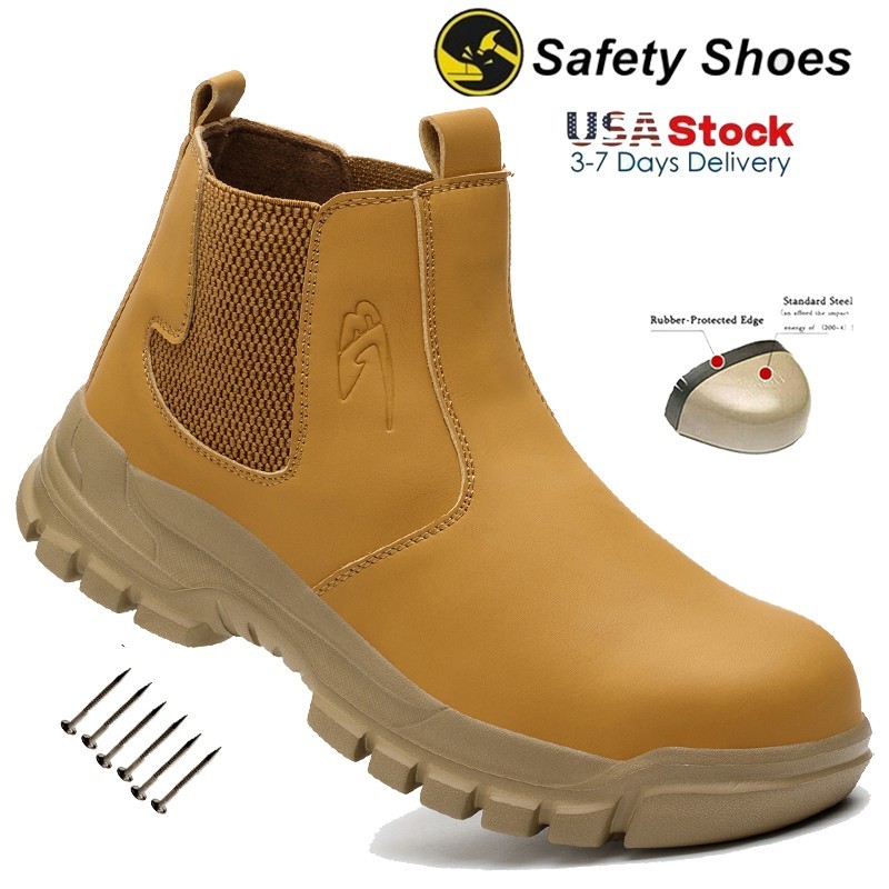 Leather Safety Shoes Slip On Work Boots Steel Toe Shoes Water Resistant Comfort