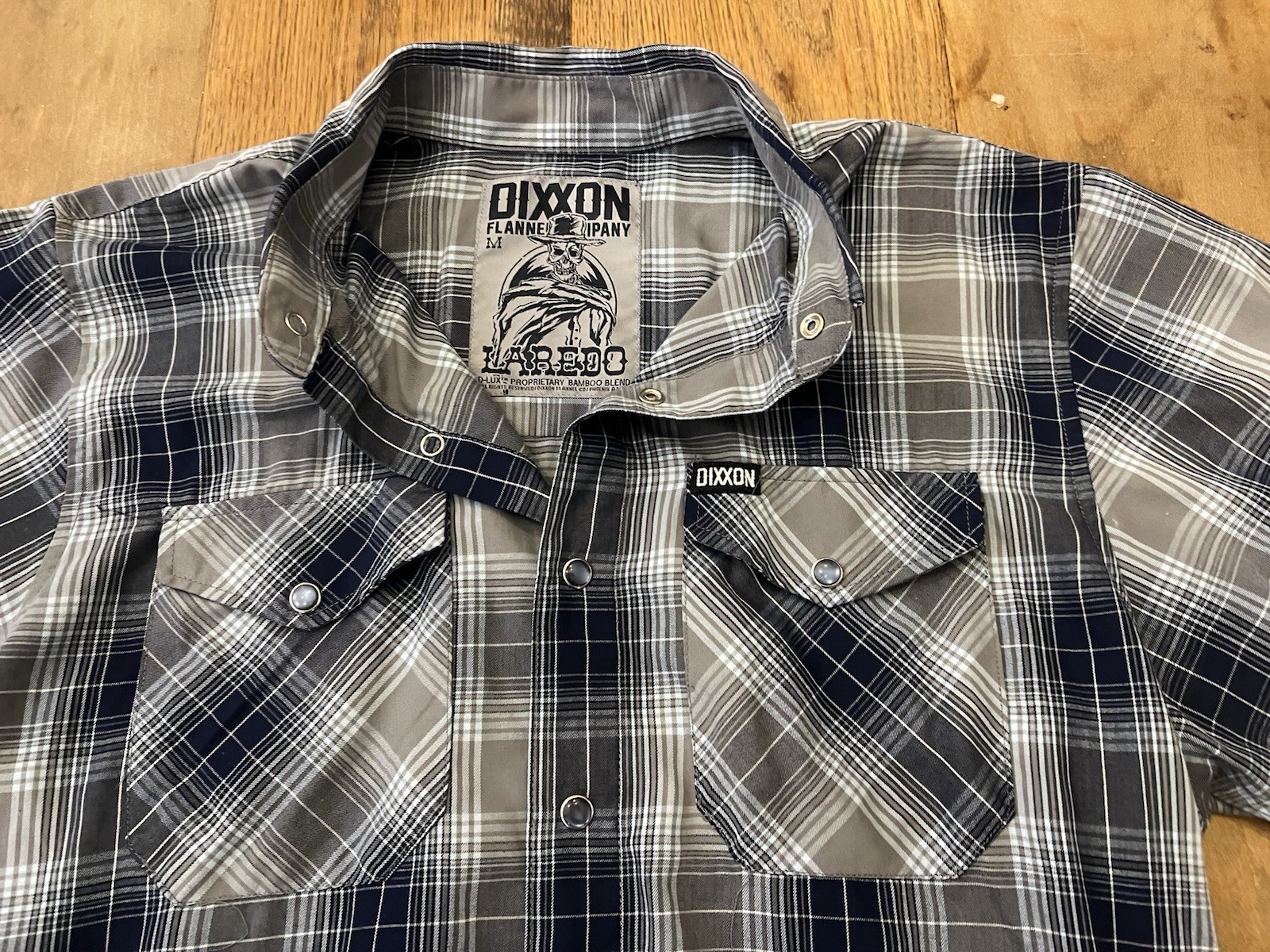 Dixxon Flannel Co “Laredo” DLUX Bamboo Gray Navy Pearl Snap Shirt Mens Medium