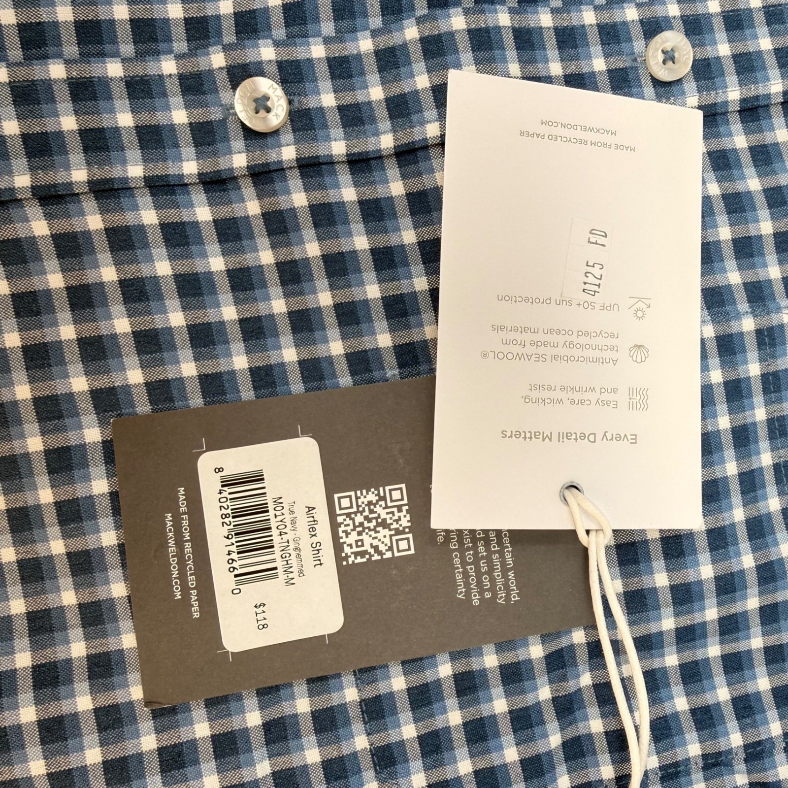 Mack Weldon Airflex Shirt Mens Medium True Navy Gingham Seawool Performance NEW