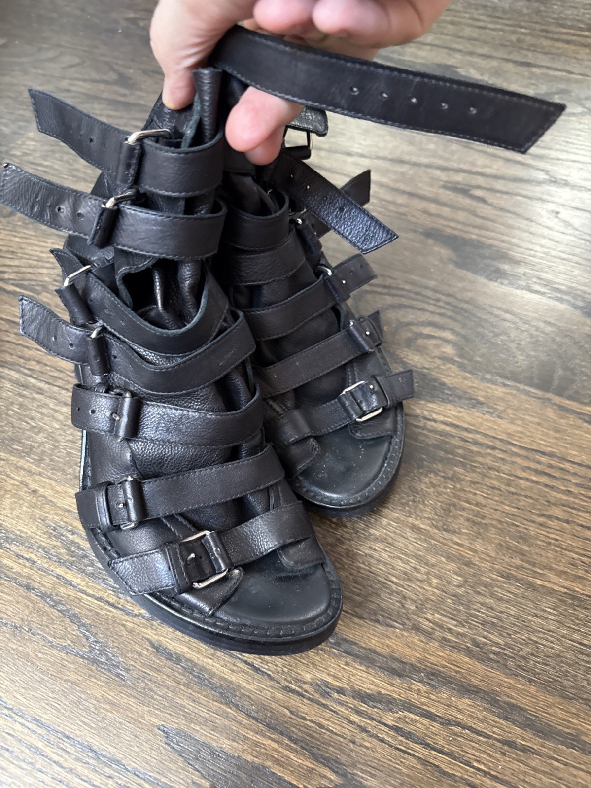 Ann Demeulemeester Black Leather Gladiator Wedge Sandals Sz 38