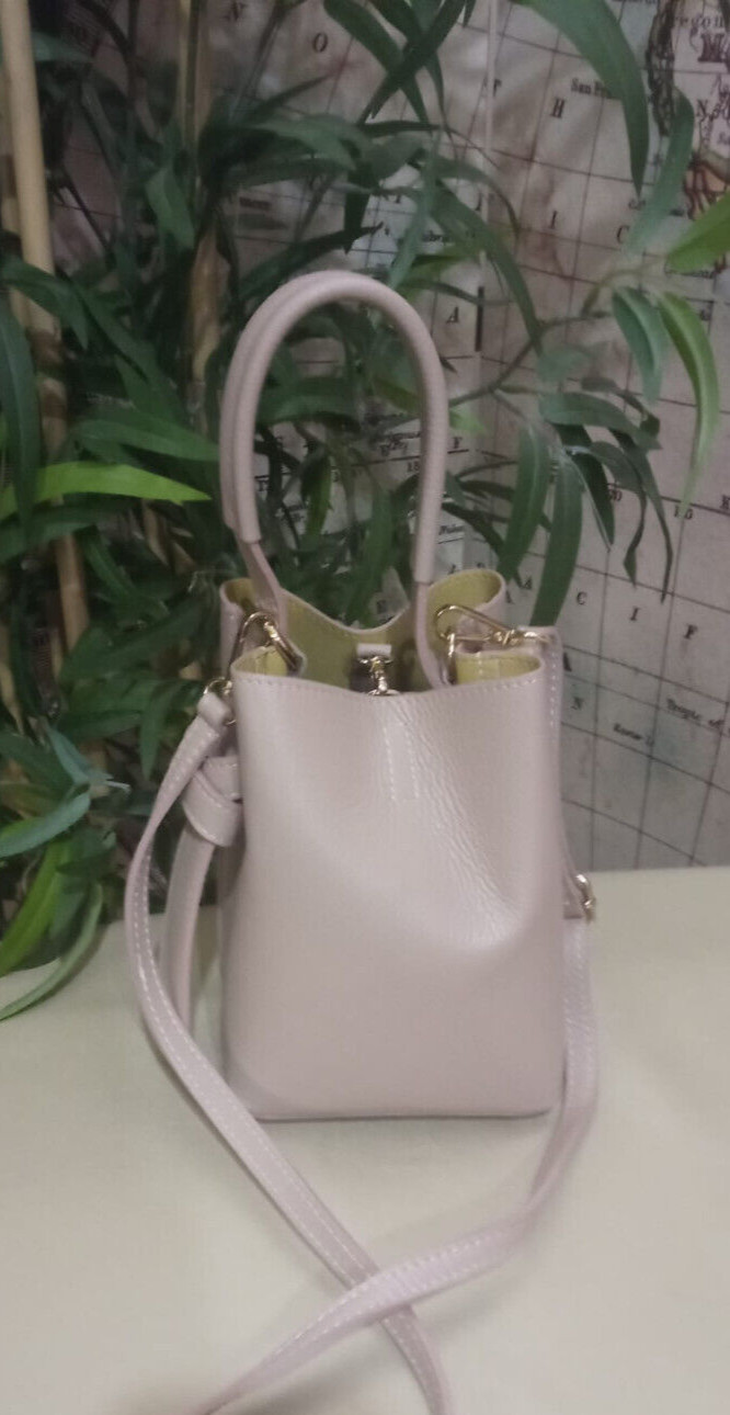 Quadro Bucket Bag with Pockets and Shoulder Strap Color Nude GENUINE LEATHER Made…