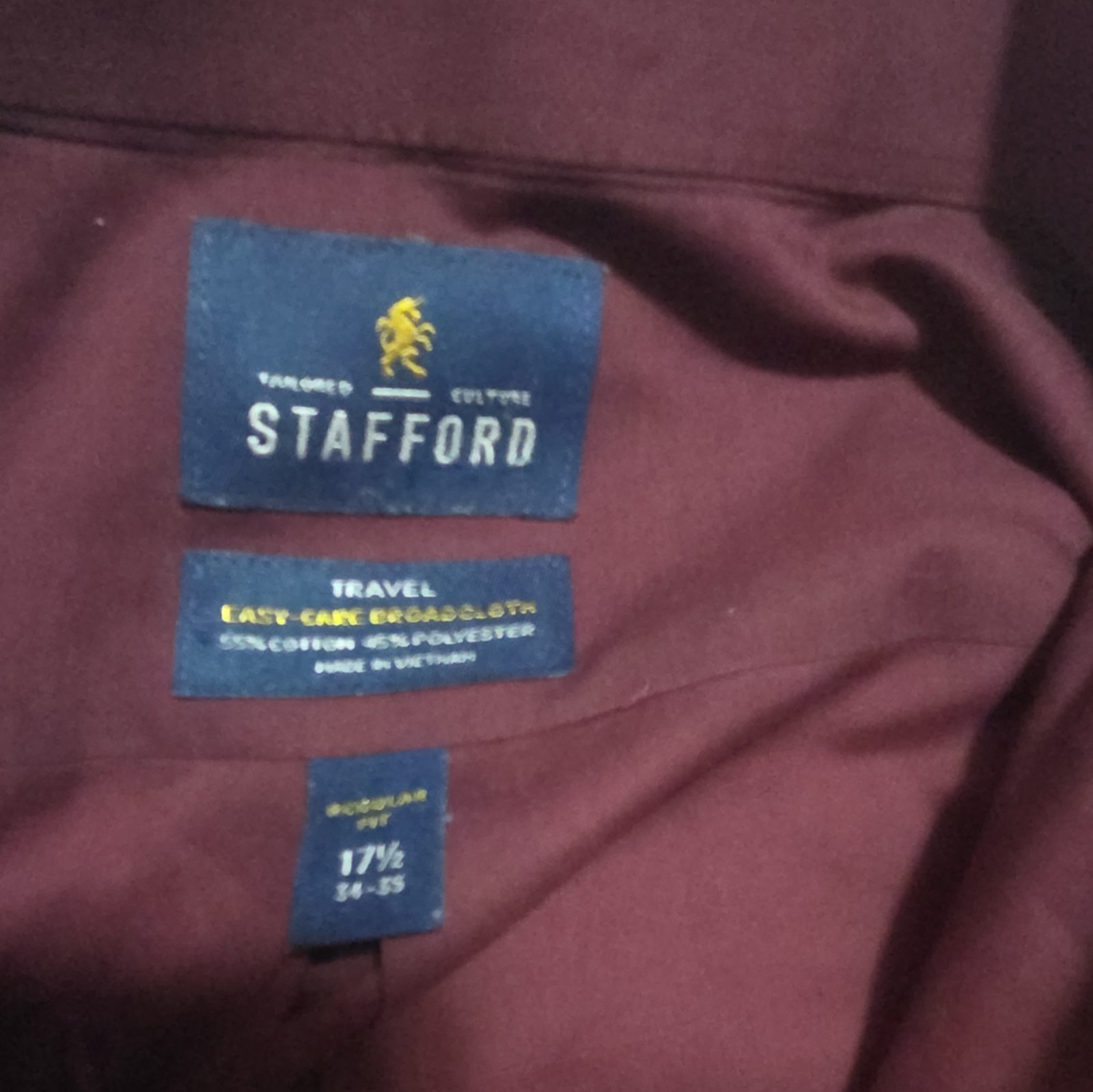 Stafford Easy Care Broadcloth Dress Shirt Burgundy Solid 17.5 34/35 Regular
