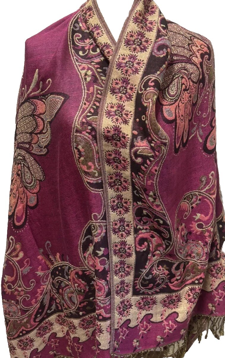 👠🥻🩷 Burgundy Gold Floral Print 100% Pashmina Scarf 66” X 22” Fringed