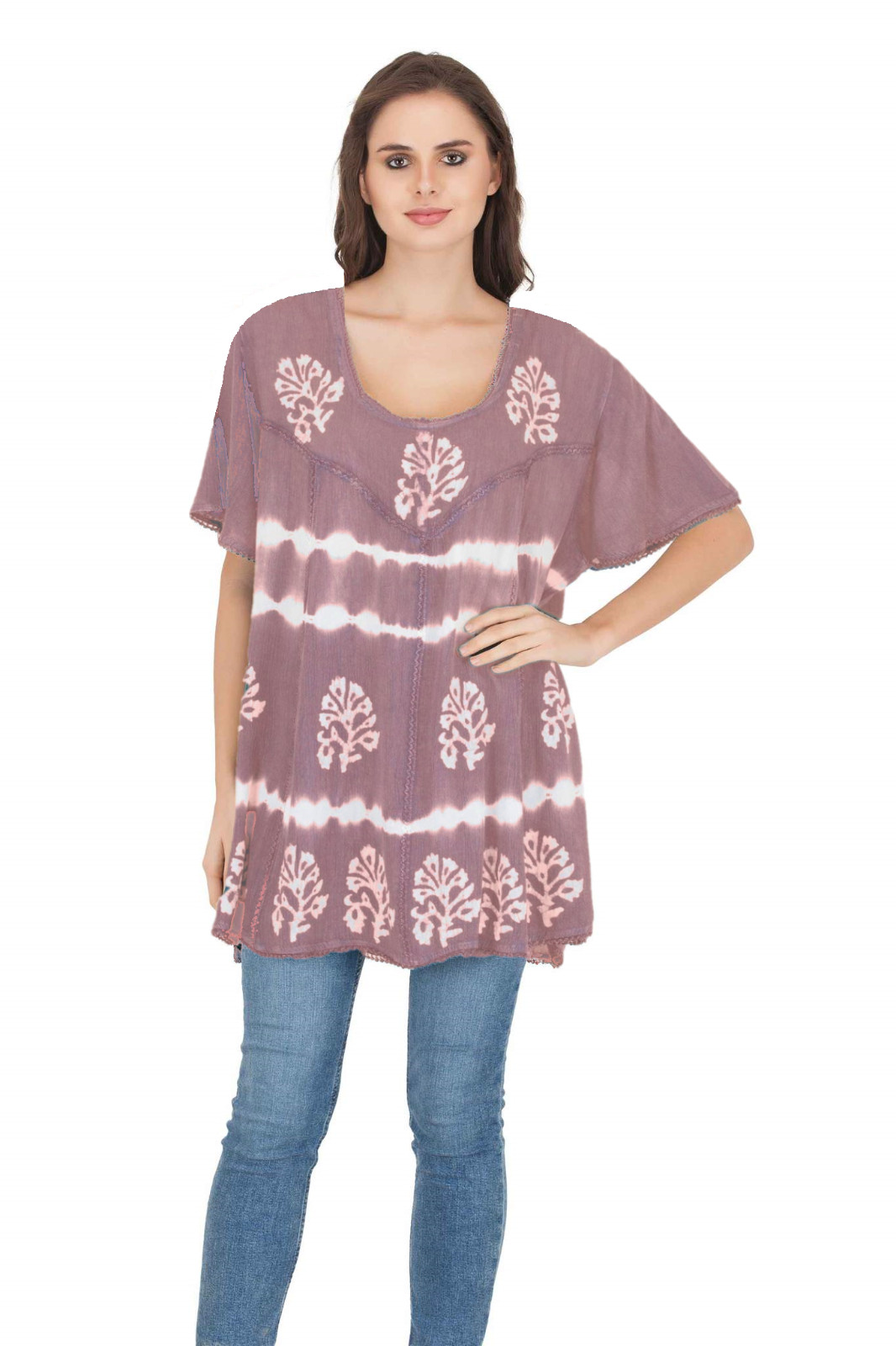 India Boutique Gauze Cover-Up Tunic Top One-Size Plus Free-Size Mauve Batik NWT