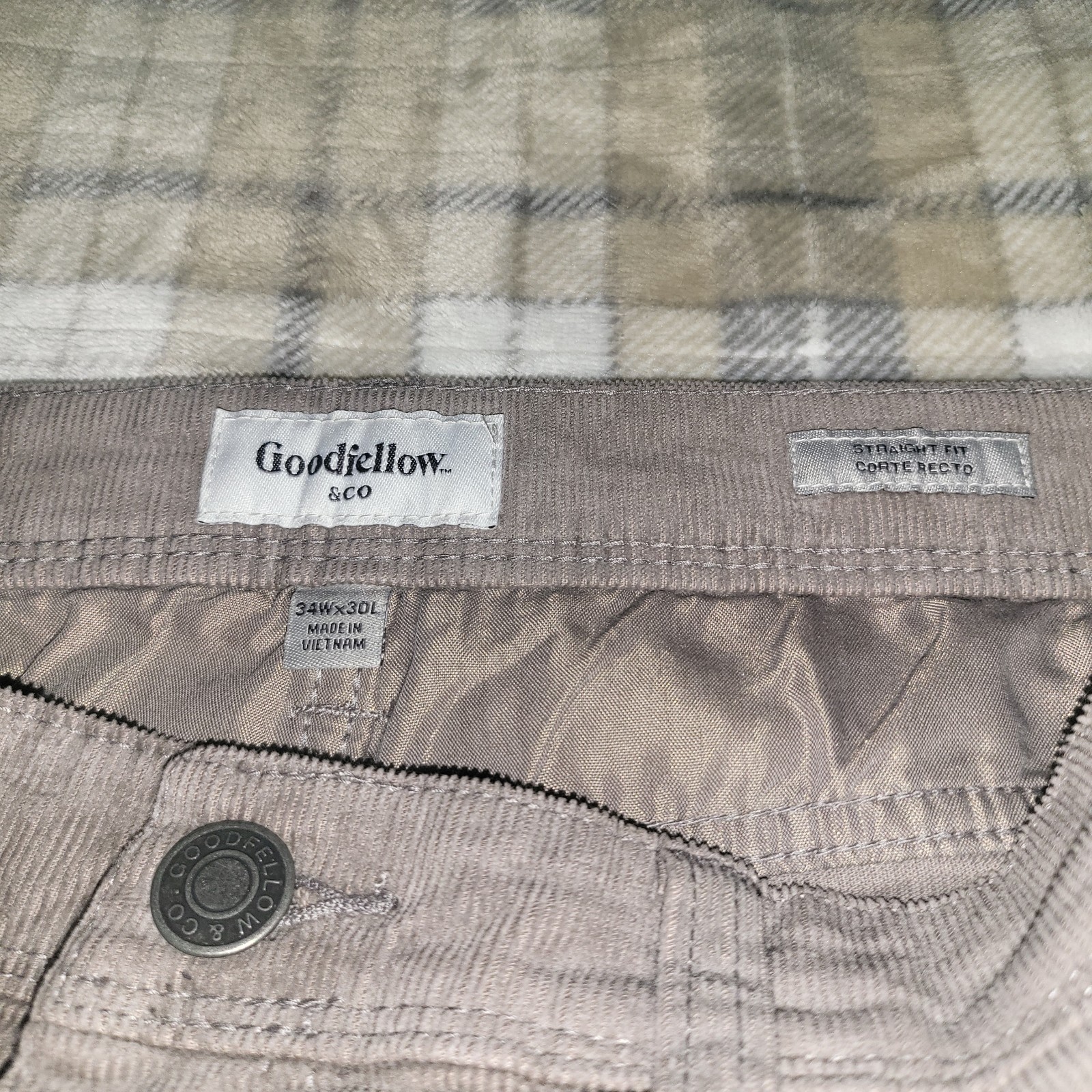 NWT Goodfellow & Co Men’s Gray Corduroy Straight Fit Pants 34W 5-Pocket Button