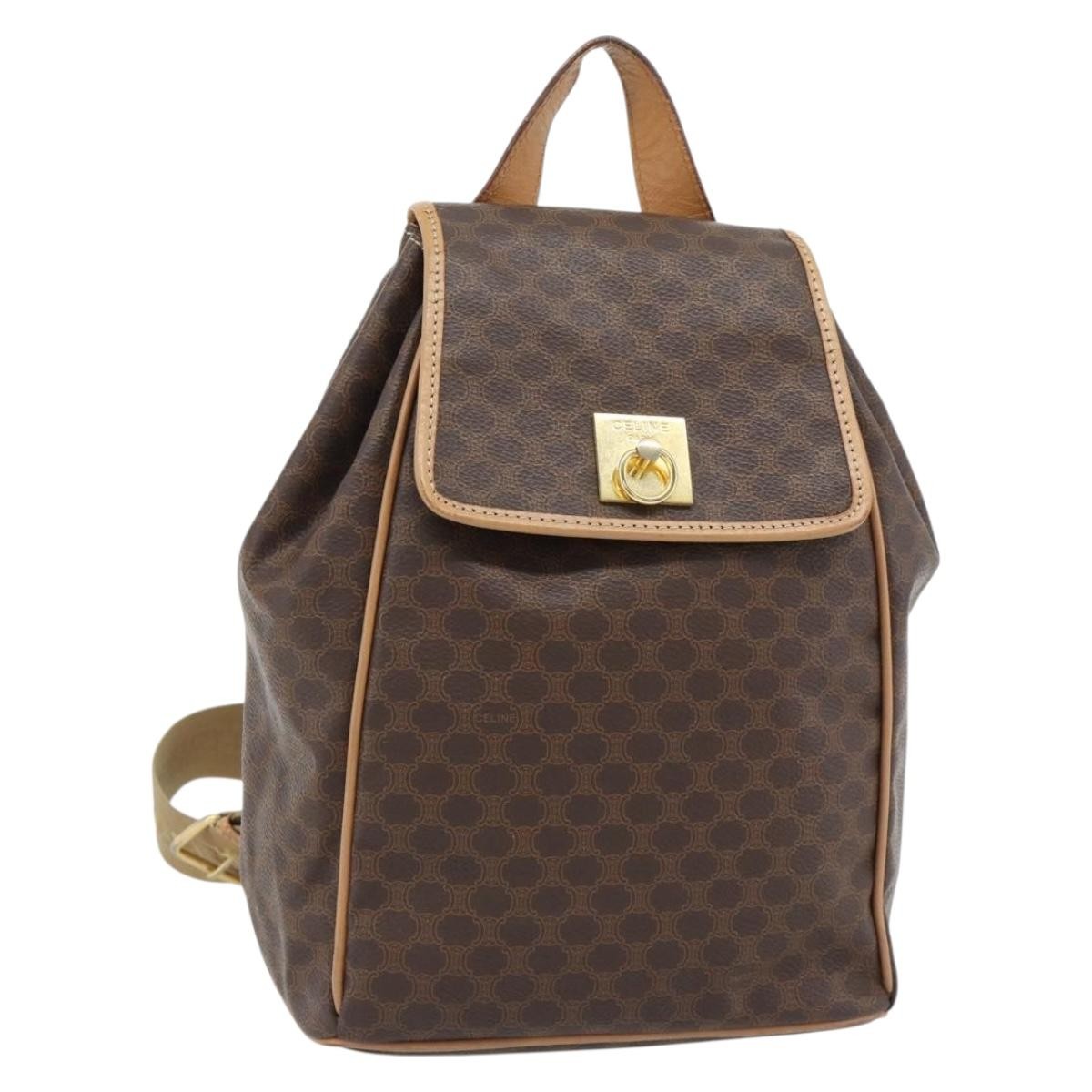 CELINE Macadam Canvas Backpack PVC Leather Brown Gold Auth 182528A