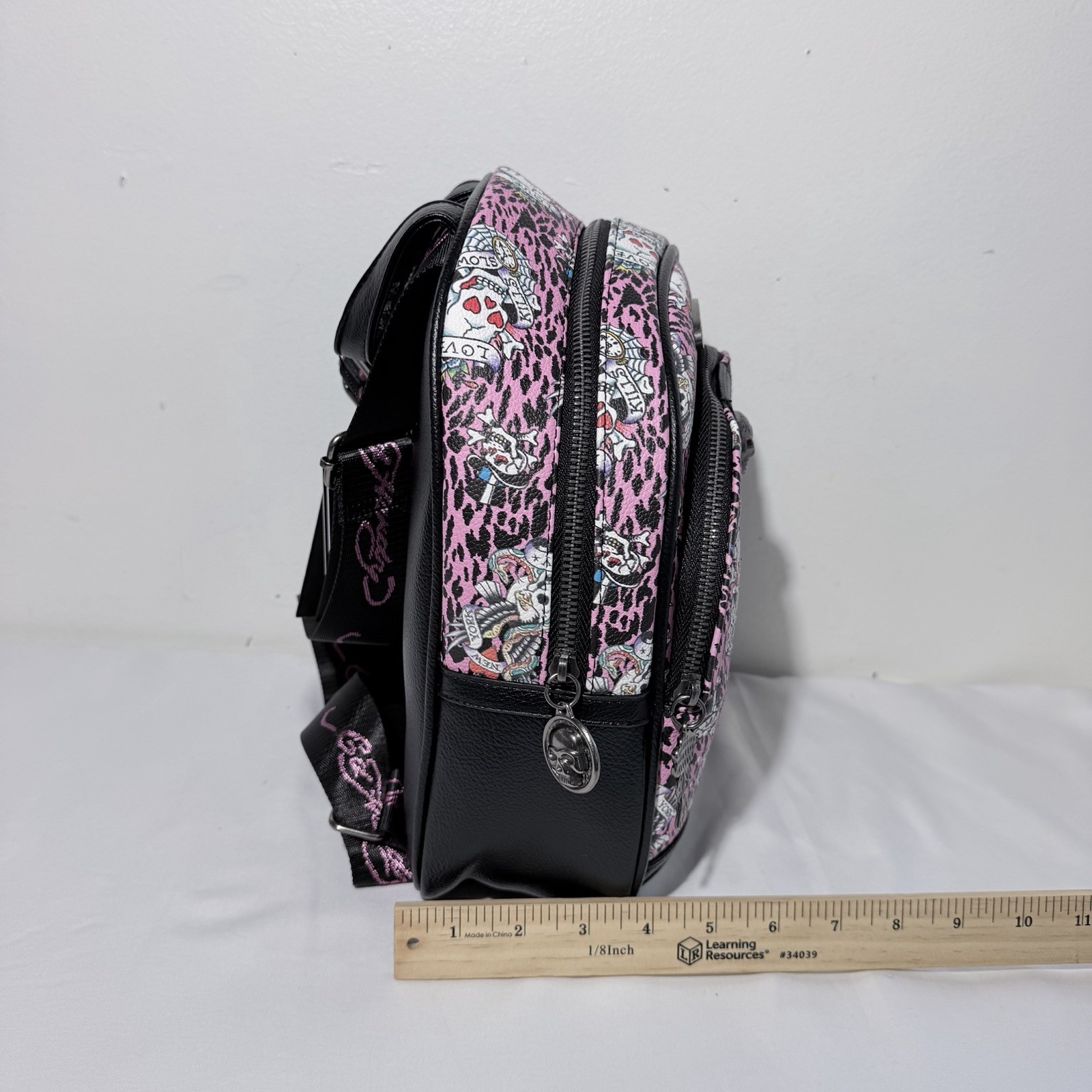 Ed Hardy Adjustable Pink Leopard Print Traditional Skulls Backpack Purse NWT