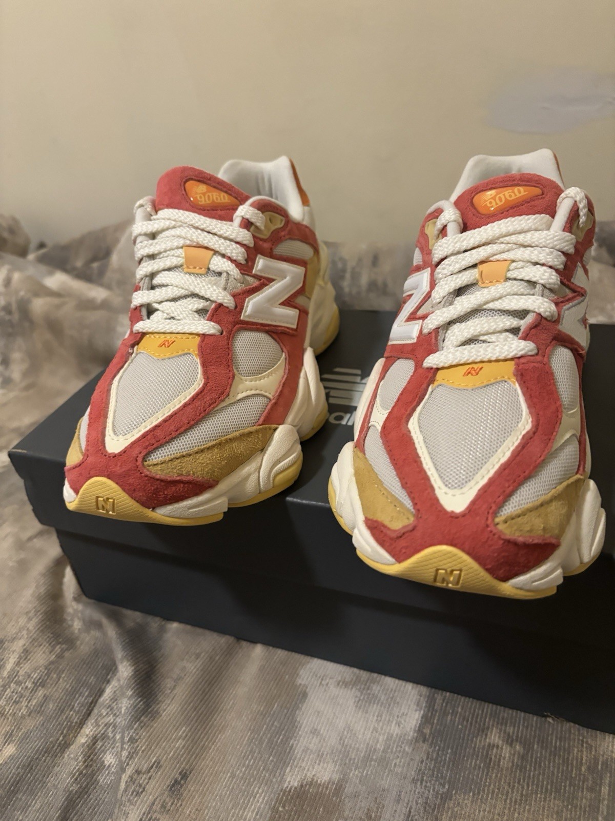 New Balance 9060 Red Yellow White Cushioned Low Top Suede Mesh Athletic Sneakers