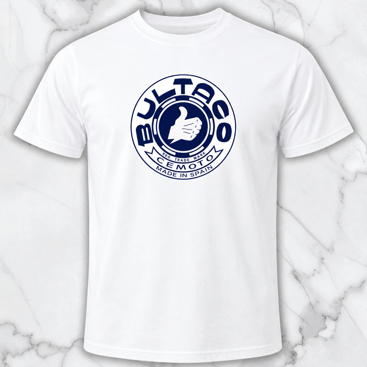Bultaco Cemoto Made In Spain Men’s White Graphic T-Shirt Motorcycle Racing Tee