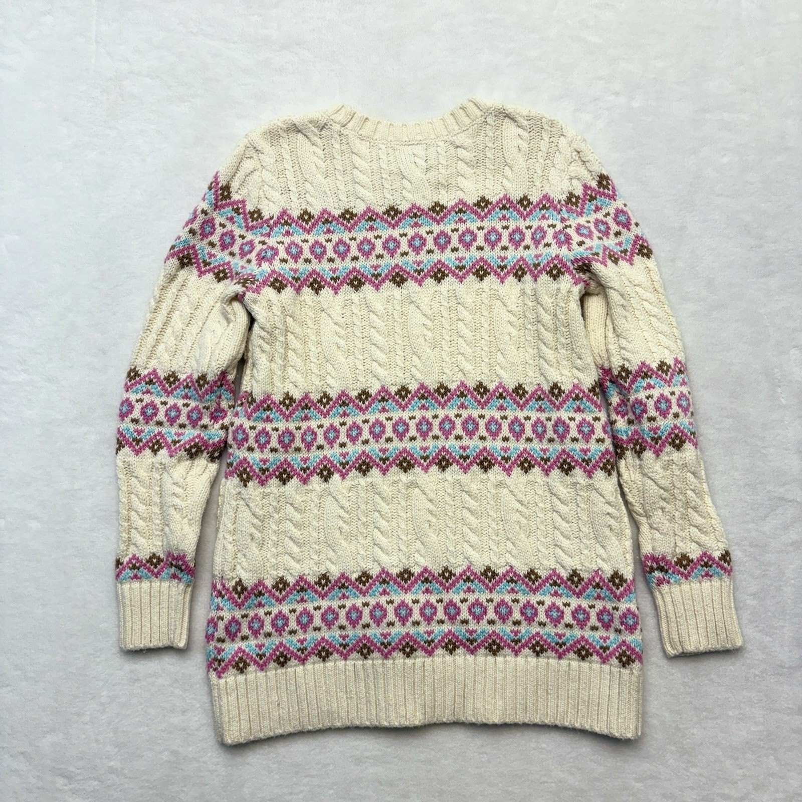 Lands End Fair Isle Cable Knit Sweater Tunic Ivory Pink Blue Women’s Size S