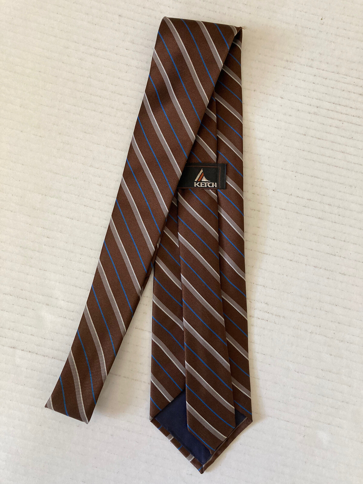 Ketch Men’s Necktie Tie Polyester Brown Blue Tan Stripe Made in USA