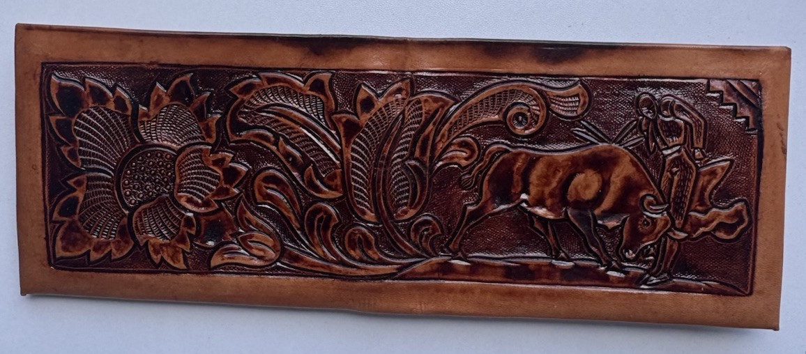 Brown Tooled Folding Wallet with Zip Compartment Snap & Slots
