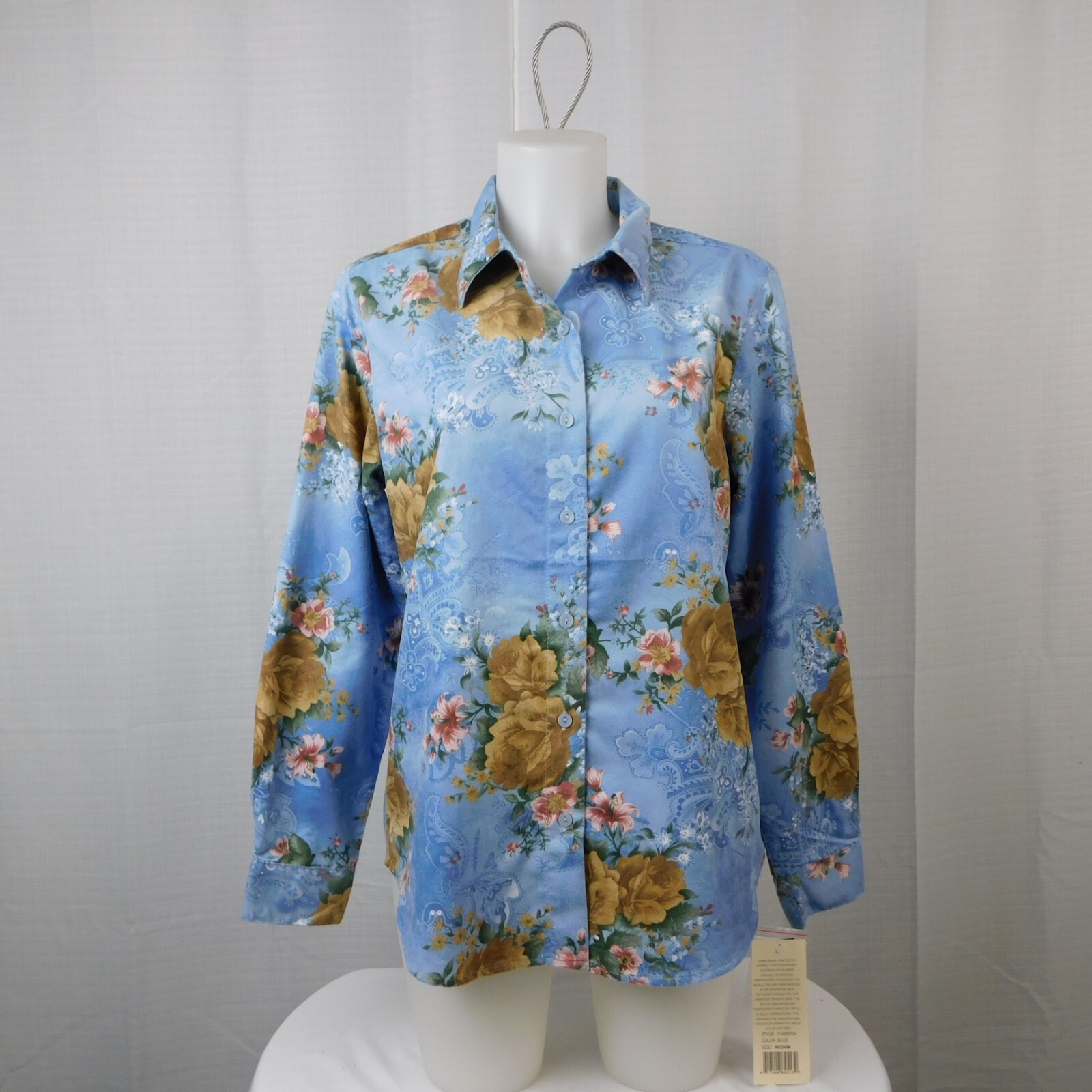Lemon Grass Washable Suede Rose Floral Long Sleeve Button Up Shirt Blue Medium
