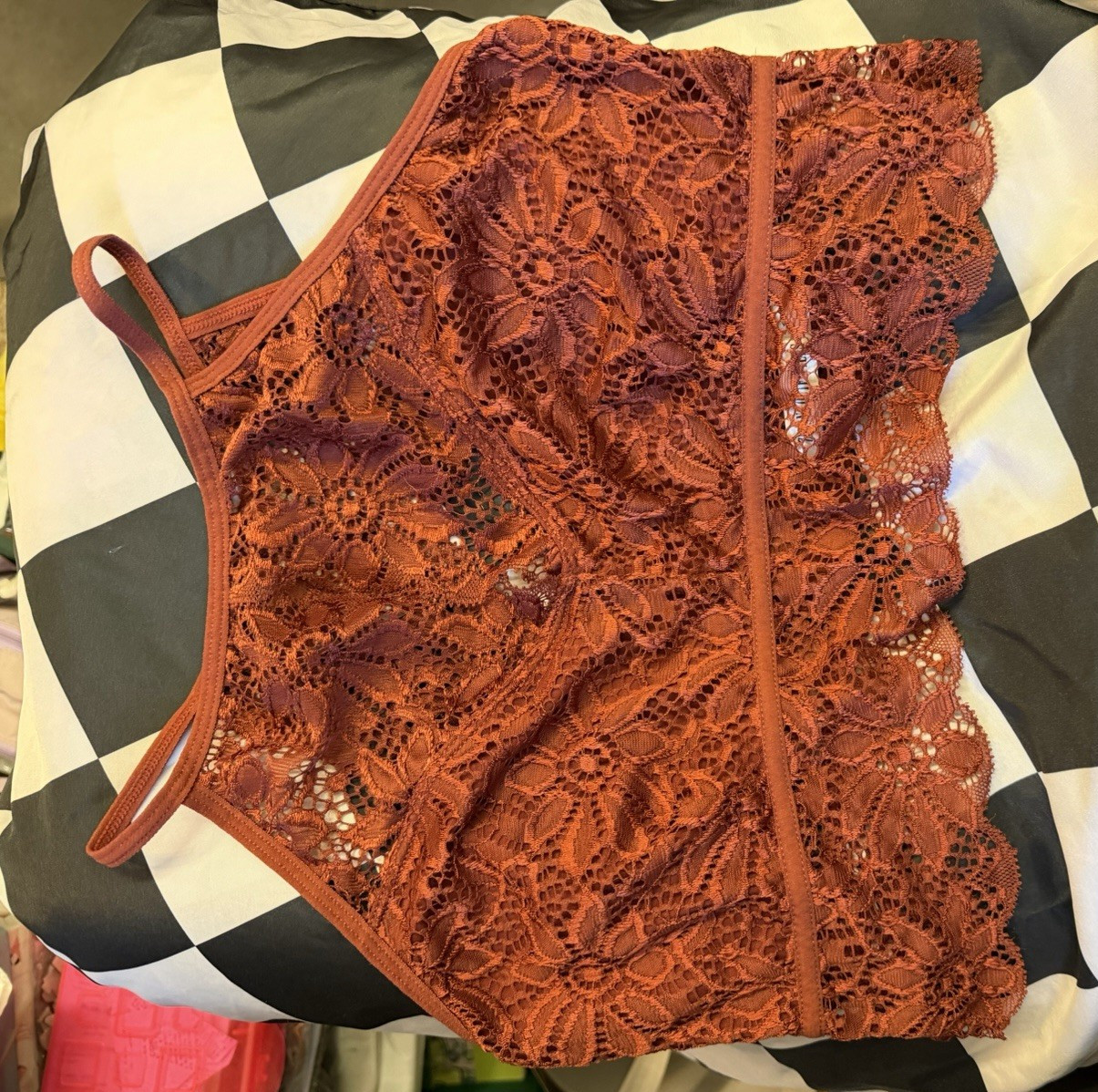 Zenana Outfitters Brown Floral Lace Bralette Bra L Wireless Unpadded Hook & Eye