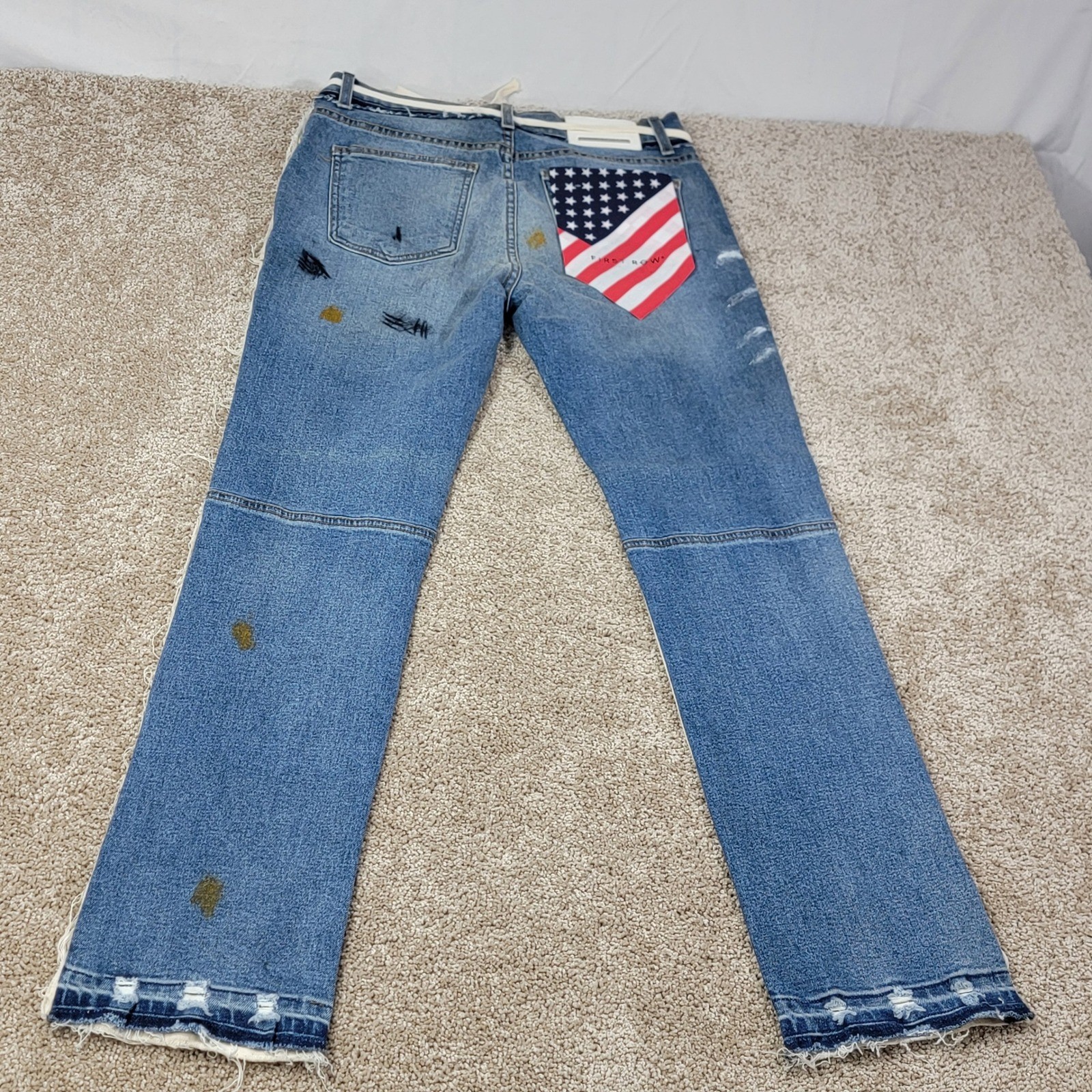 First Row Slim Straight Jeans 32×32 Made In USA American Flag Paint Splatter