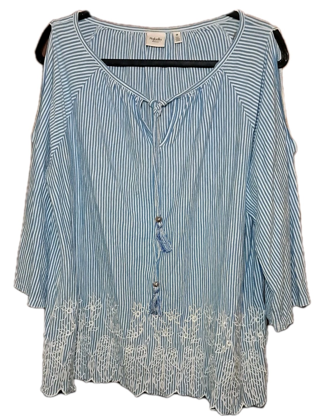 Rafaella Pinstripe Cold Shoulder Top Womans Plus Size 2X Blue White 3/4 Sleeve