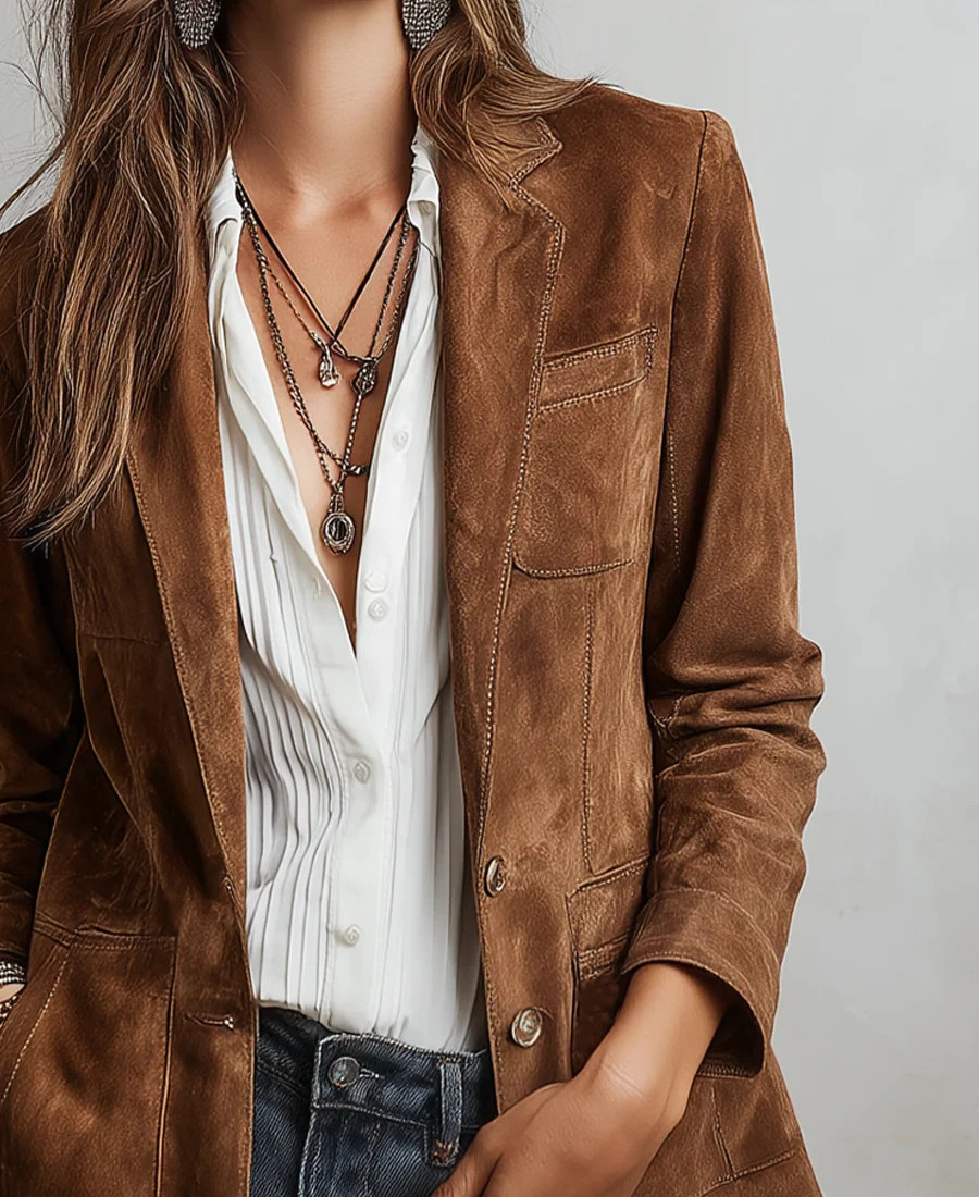 Womens Brown Pure suede Leather Jacket Blazer Casual Custom Size XS S M L XL XXL
