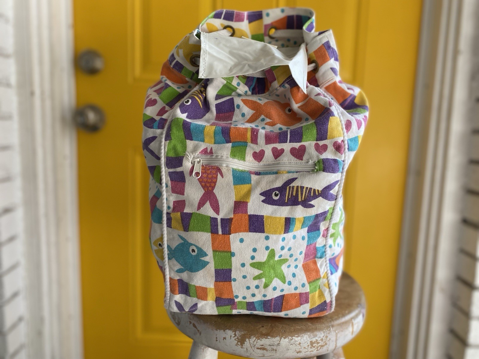 Moni Small Canvas Drawstring Bucket Bag Kids Multicolor Fish Patchwork Pockets